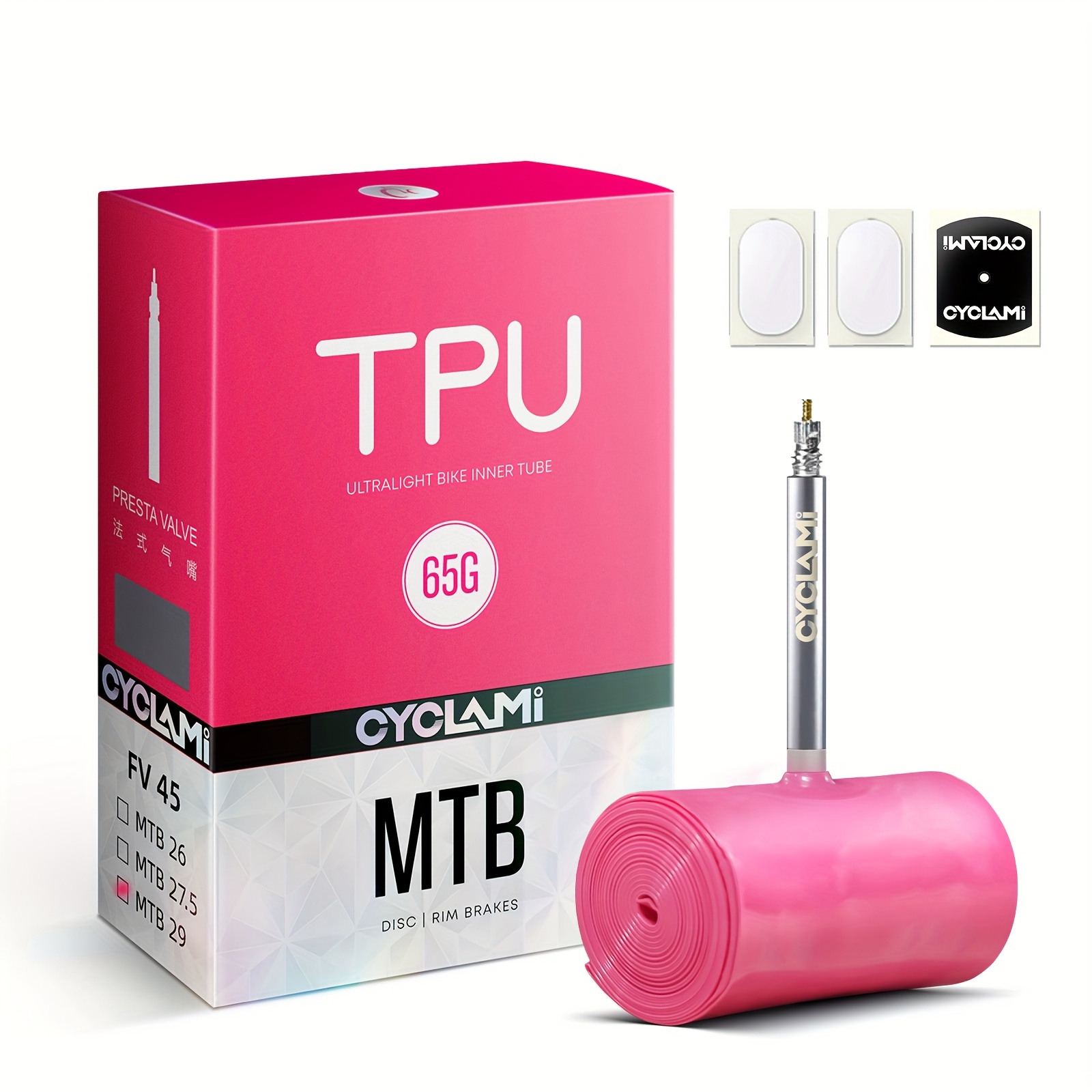 Image of 1pc Cyclami Pink 65g Bicycle Inner Tube, Upgraded Tpu Portable Inner Tube, Mtb 26/27.5/29, Laser- Metal Valve Fv4.5cm, Suitable For Mountain Bikes