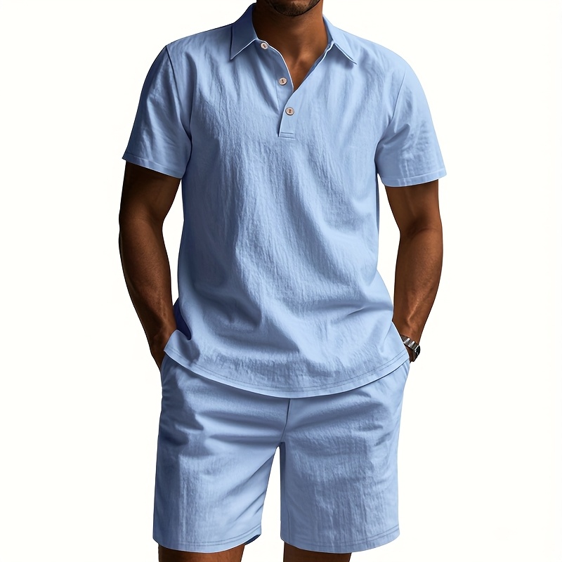 Men's Linen Short Sleeve Shorts Set, Summer Outdoor Sports Casual Breathable Short Sleeve Shirt with Shorts