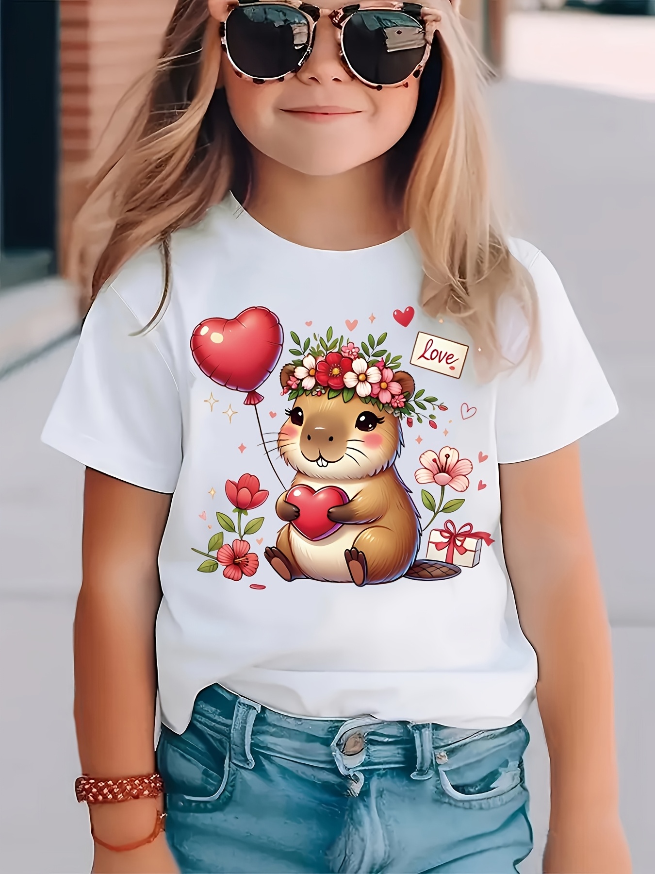 T-shirt Fille été Avec Capybara - Col Rond, Extensible, Respirant - Pour 3 à 13 Ans - Idéal Plein Air