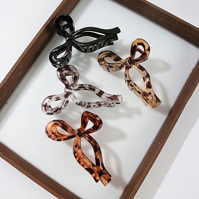TEMU 4pcs Everyday Basic Leopard Print Elegant Bow Hair Clips, Simple Hairpins, Durable Back-of-head Updo Claw Clips For After Bathing, Large Shark