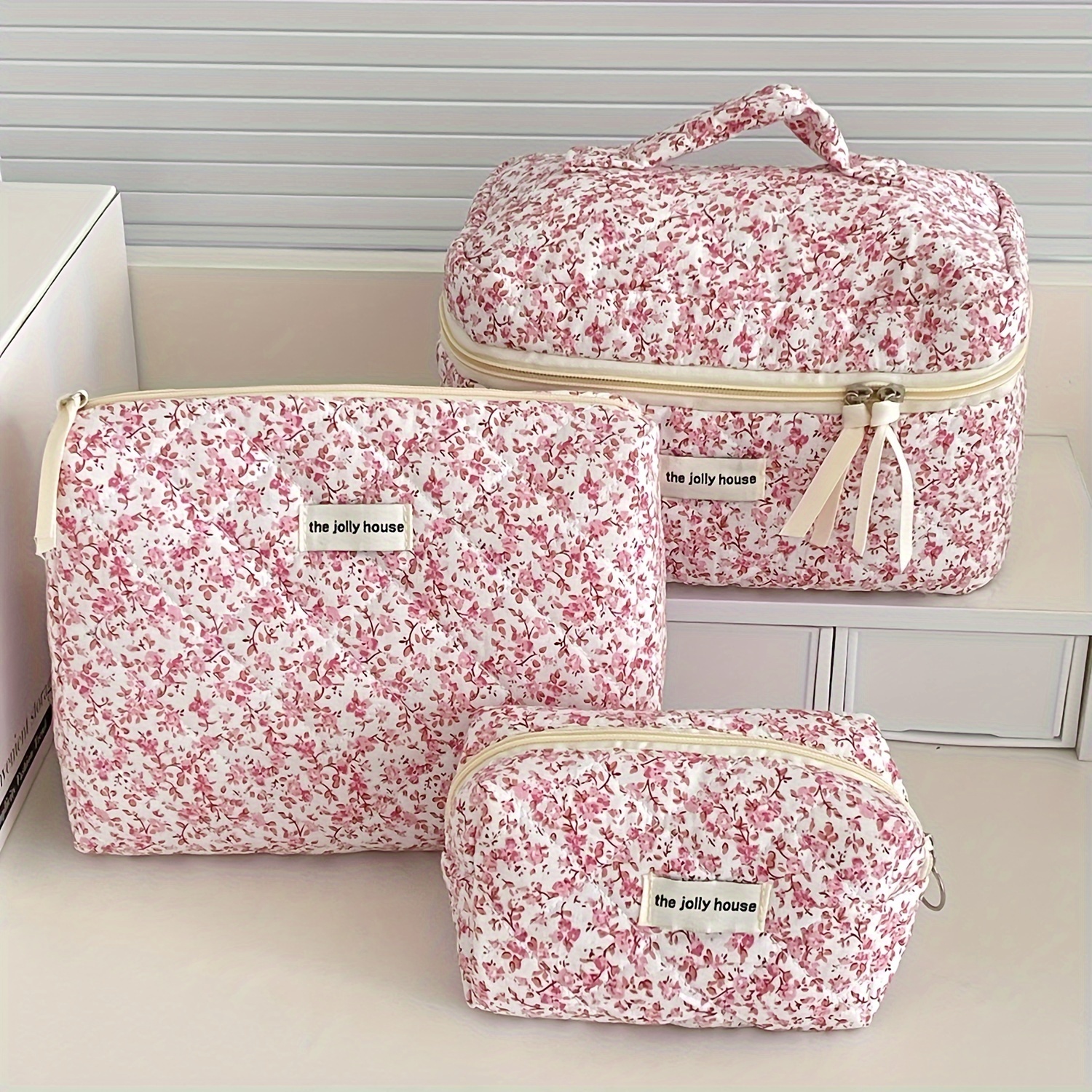 

3-piece Floral Makeup Bag Set, Korean Fashion Cosmetic Pouches With Zipper, Large Capacity Portable Travel Organizer Cases For Women, Hand Washable - Pink