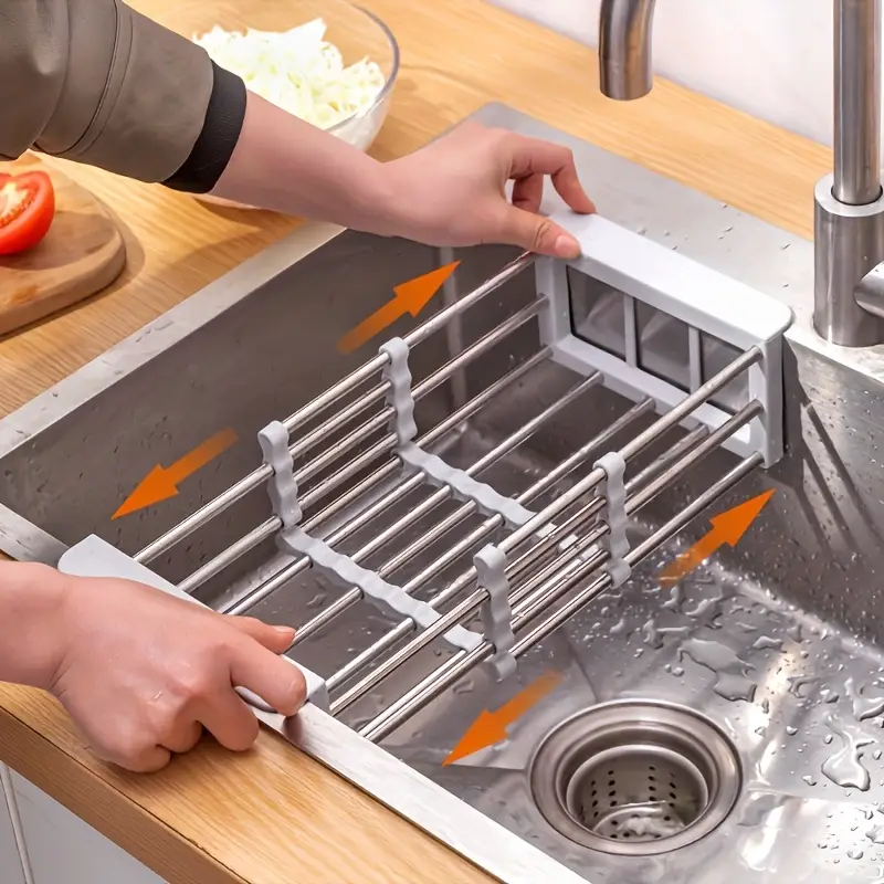 adjustable stainless steel sink organizer with drain basket foldable multi layer kitchen storage rack for utensils cups and vegetables washing and drying rack for dishes utensil holder sleek durable construction kitchen sink accessories Product details 1