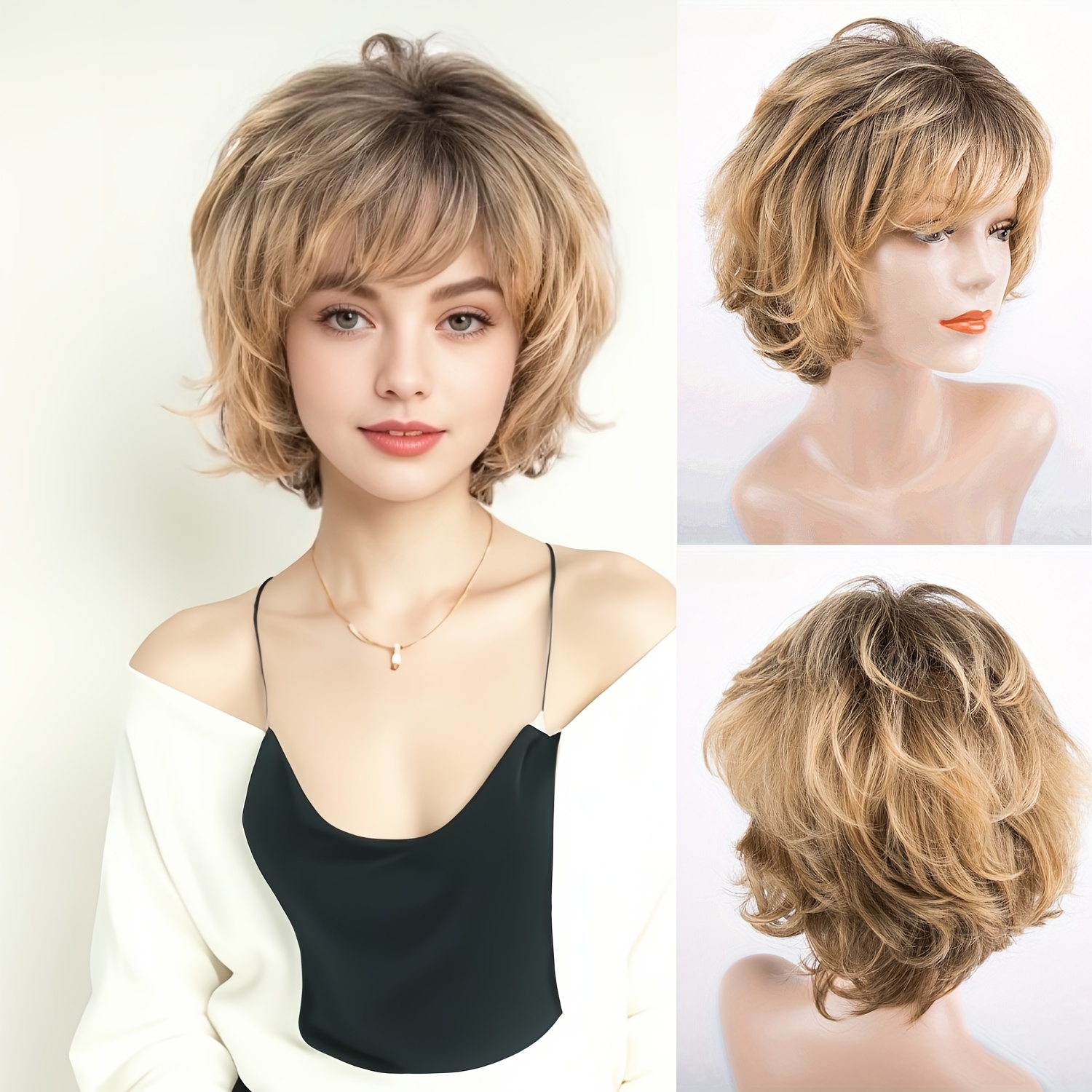 

Elegant 8-inch Blonde Mixed Short Curly Wig With Bangs For Women - Heat Resistant Synthetic Hair, Style, Short Hair Wigs