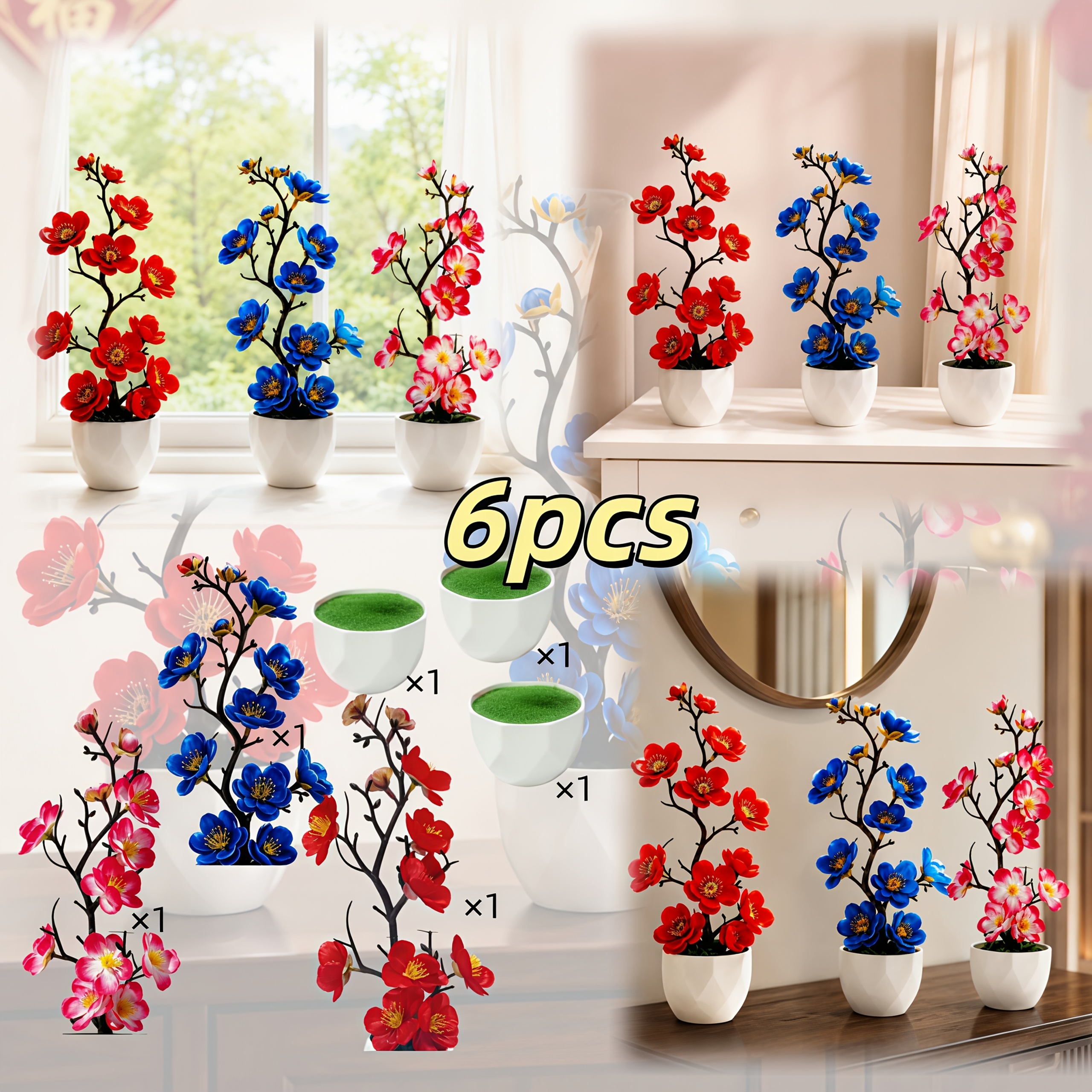 TEMU 6pcs Set. Holiday Decorations (including Pot) Artificial Flowers. Red Plum Set, Realistic Flower Buds, Tall Plants, With White Small Pots,