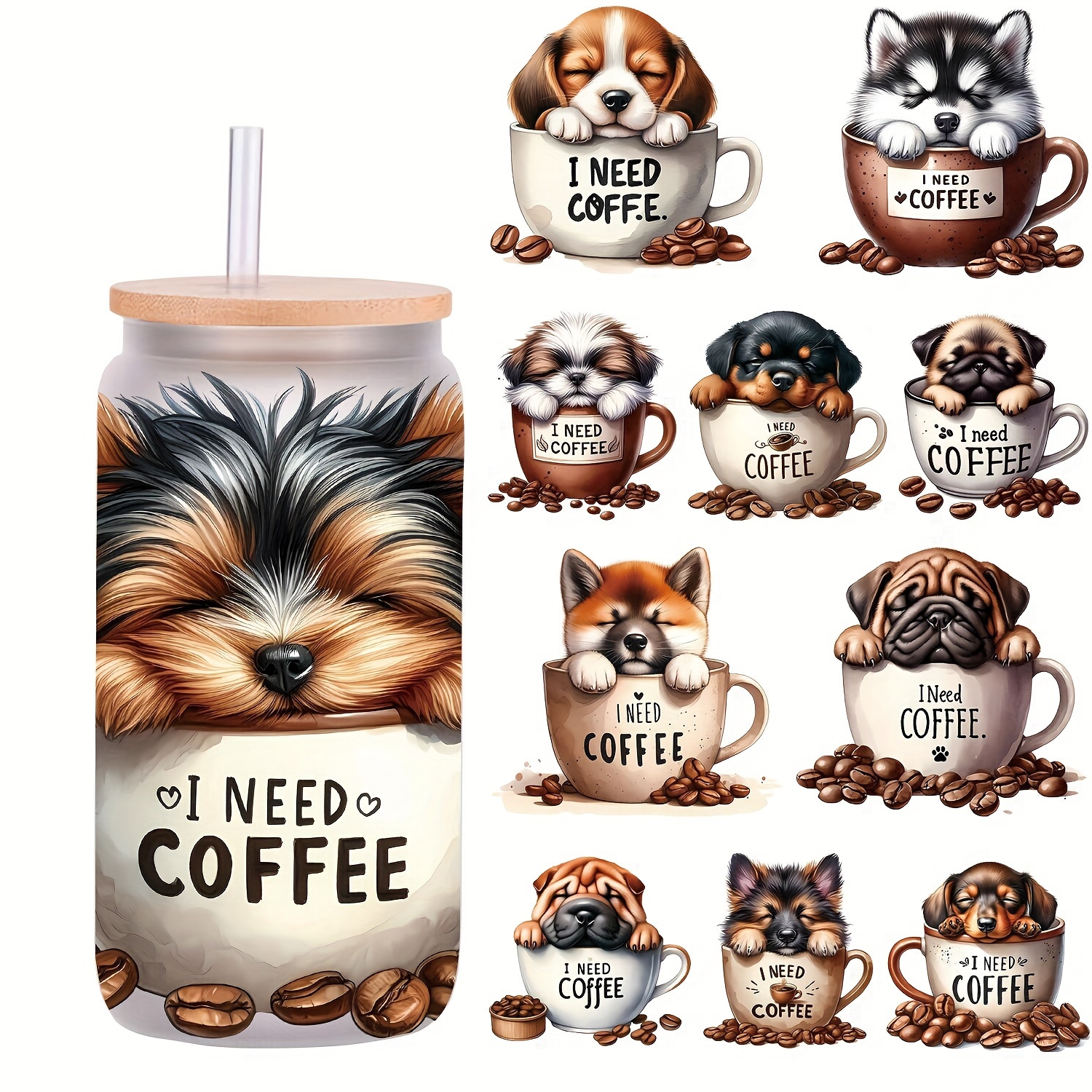 

5pcs Set Of Dog- 16oz Coffee Mugs Uv Dtf Adhesive Decorative For Customization