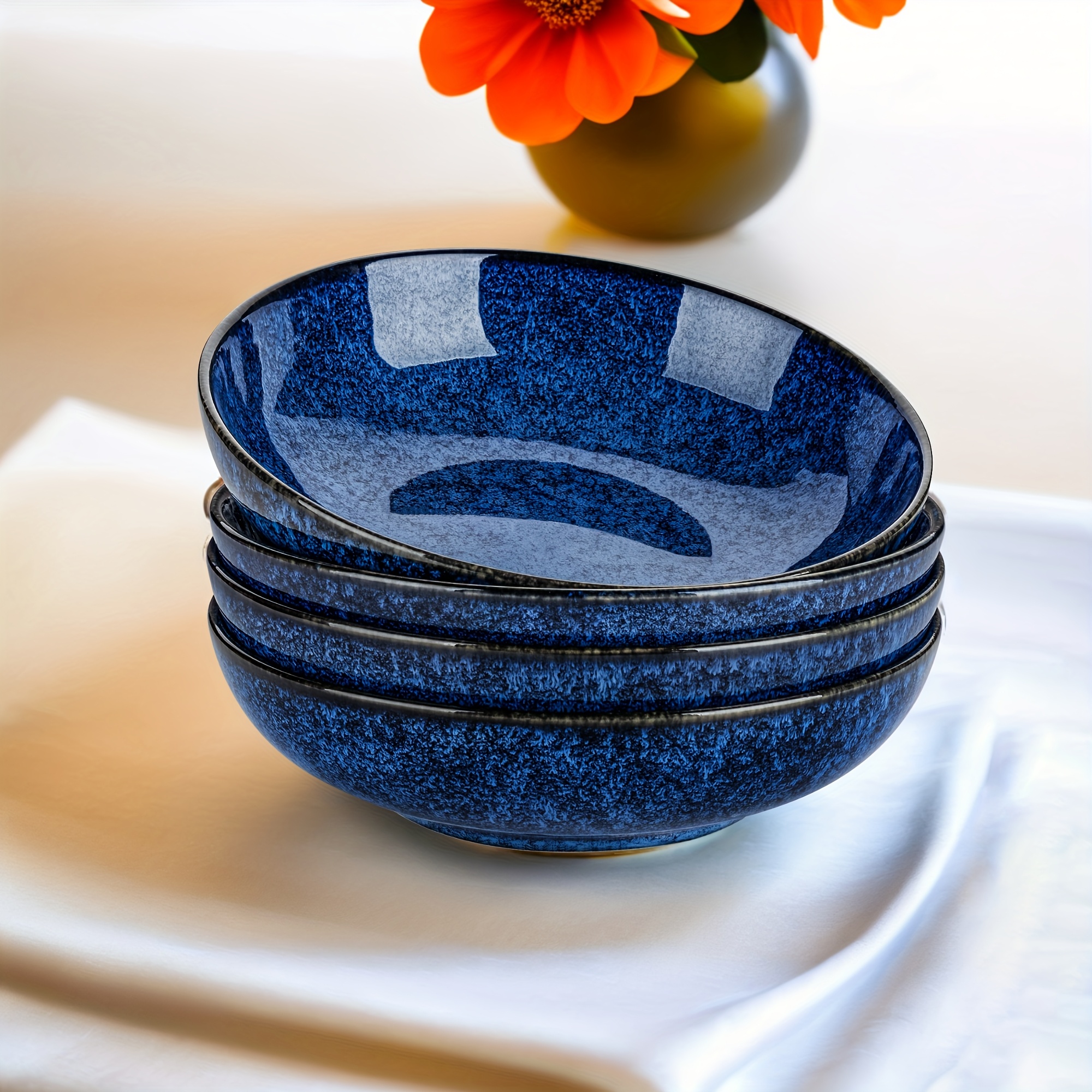 Ceramic Set Of 4, 38 Oz Large Salad Bowls For Serving, Handmade Christmas Gift, Microwave Oven Safe Soup Bowls For Kitchen, Blue Stoneware Bowl Set