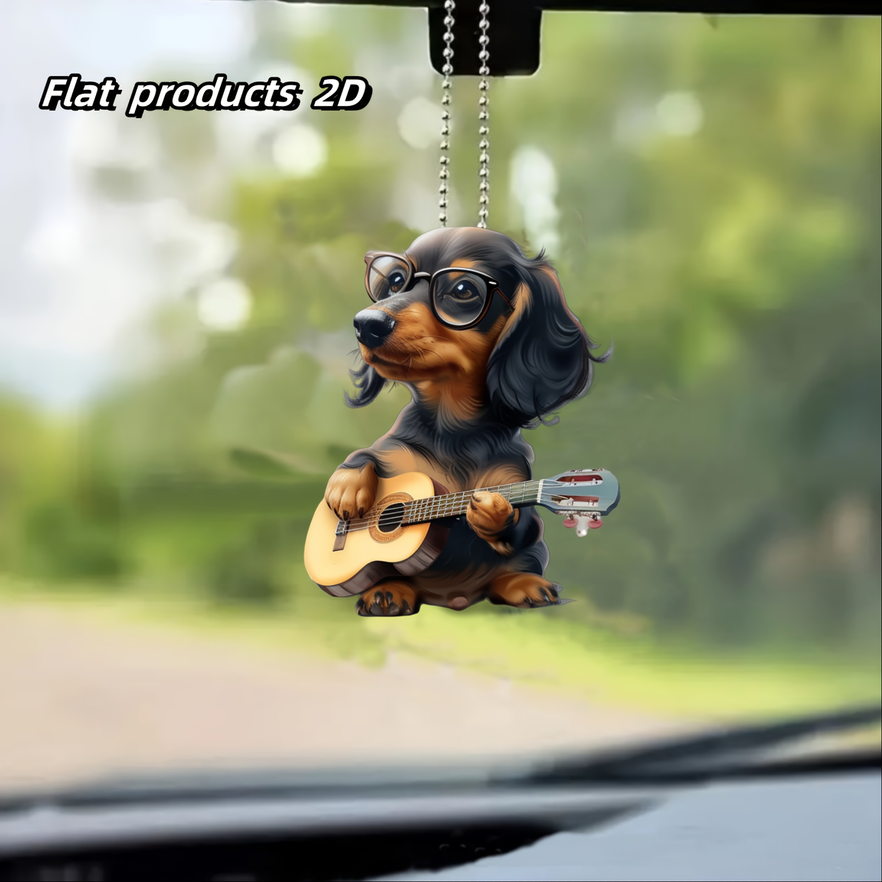 

Acrylic Dachshund Dog With Glasses Playing Guitar Hanging Ornament - Versatile 2d Car Rear View Mirror Charm, Keychain Accessory, Festive Home Decor, Unique Gift Item