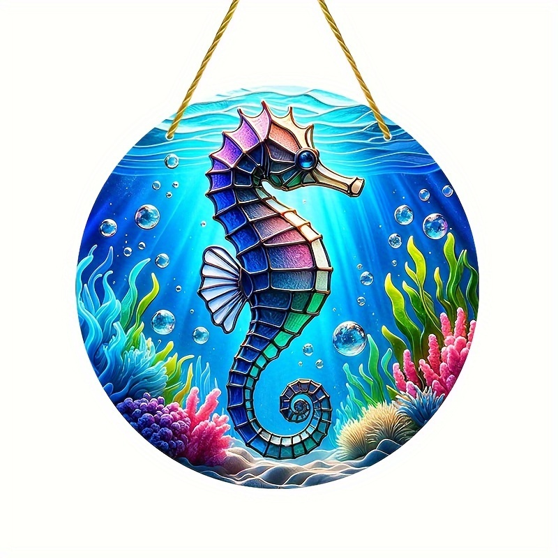 1pc, seahorse Underwater World Label Seahorse Theme Label Acrylic Sun  Catcher Sign Home Decor Sign, round Acrylic, Acrylic Sign Hanging, wall Art