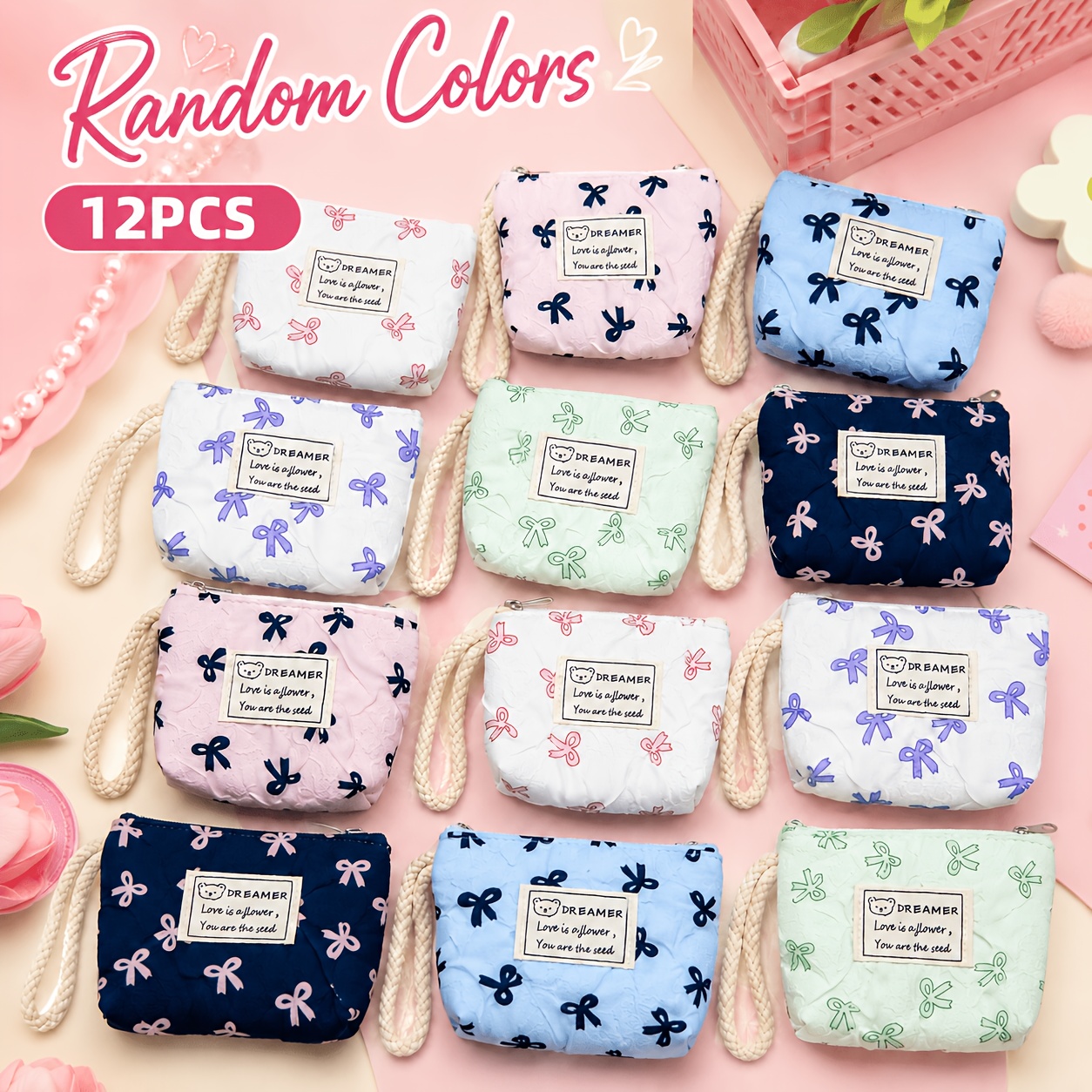 TEMU 12pcs Set Of Bow-print Small Makeup Pouches, Random Colors With Wristlet Zipper Coin Purses, Cute Embossed Mini Storage Bags For Lipstick,