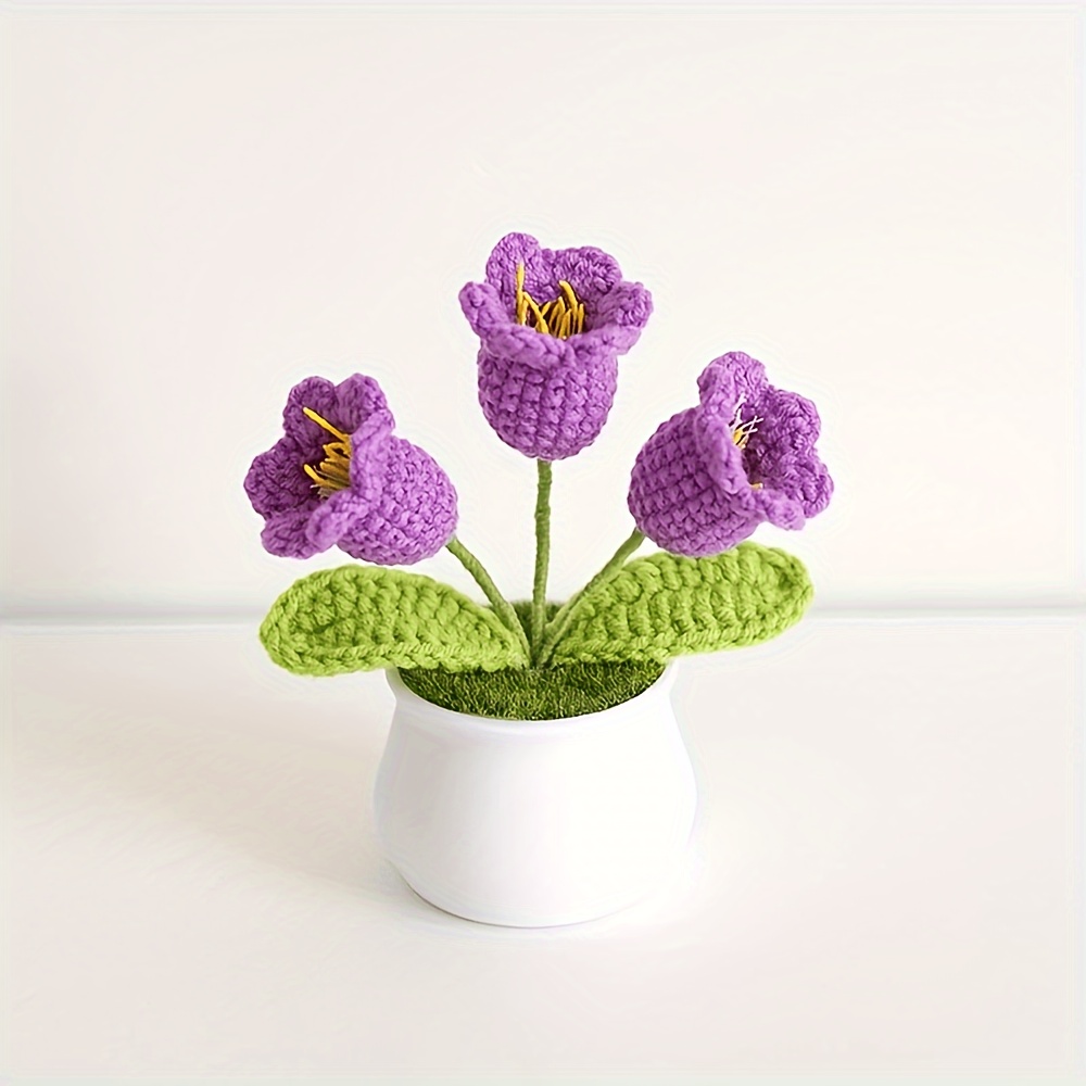 Image of Boutique Handmade Woven 3-head Lily Of The Valley Potted Home Decoration, Knitted Simulation Flower Yarn Hook Woven Lily Of The Valley Potted Plant With A Pot
