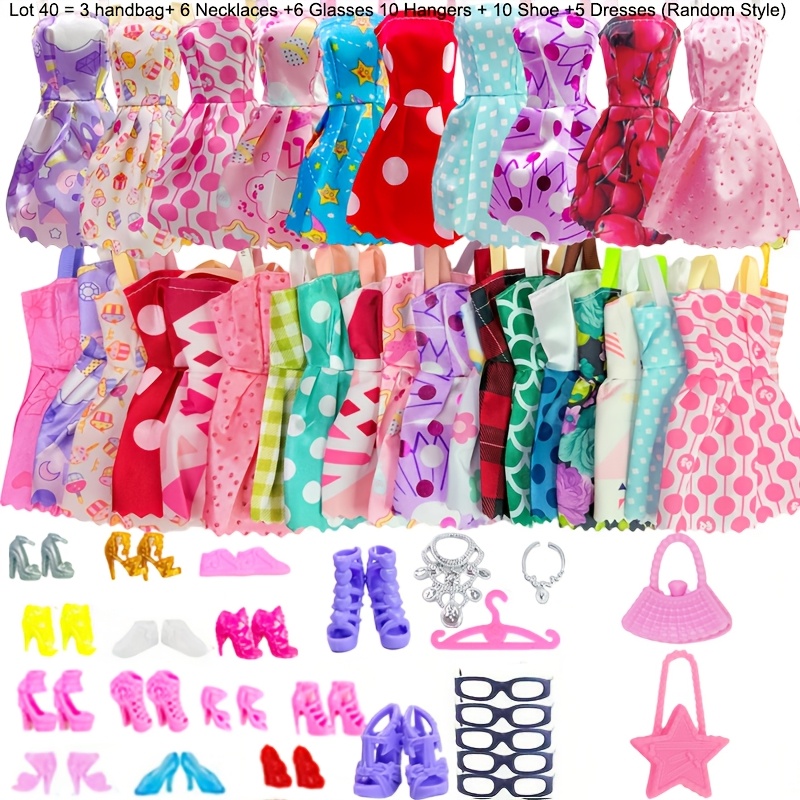 Image of 40pcs Set Of Doll Clothes And Accessories, 3 Handbag+ 6 Necklaces +6 Glasses 10 Hangers+10 Shoe +5 Dresses, Hanging Skirt, Dress And Short Skirt(random Clothing Patterns)