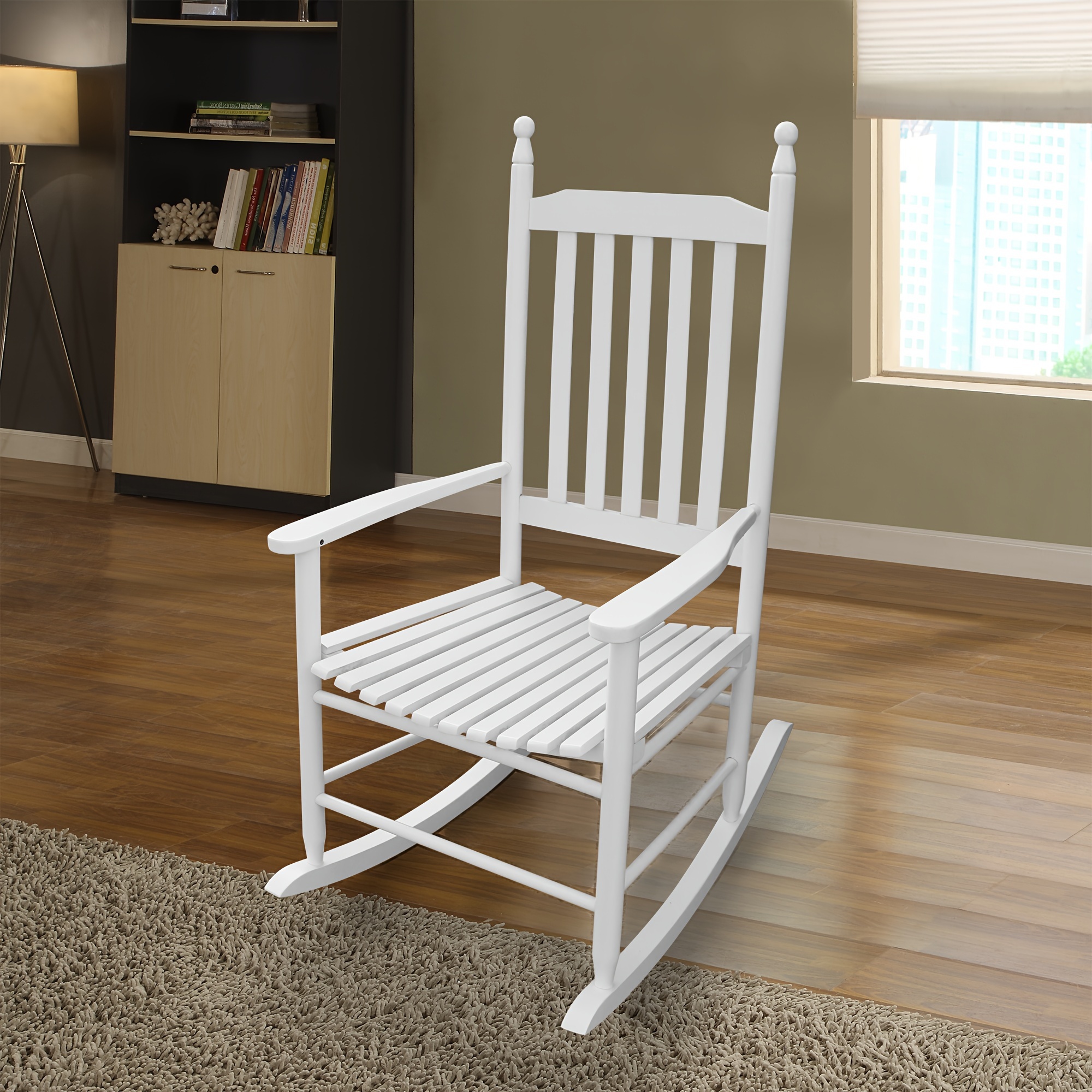 

1pc Traditional Wooden Porch Rocking Chair, White Finish, Outdoor & Indoor Furniture, Comfortable High Back, Home Furniture