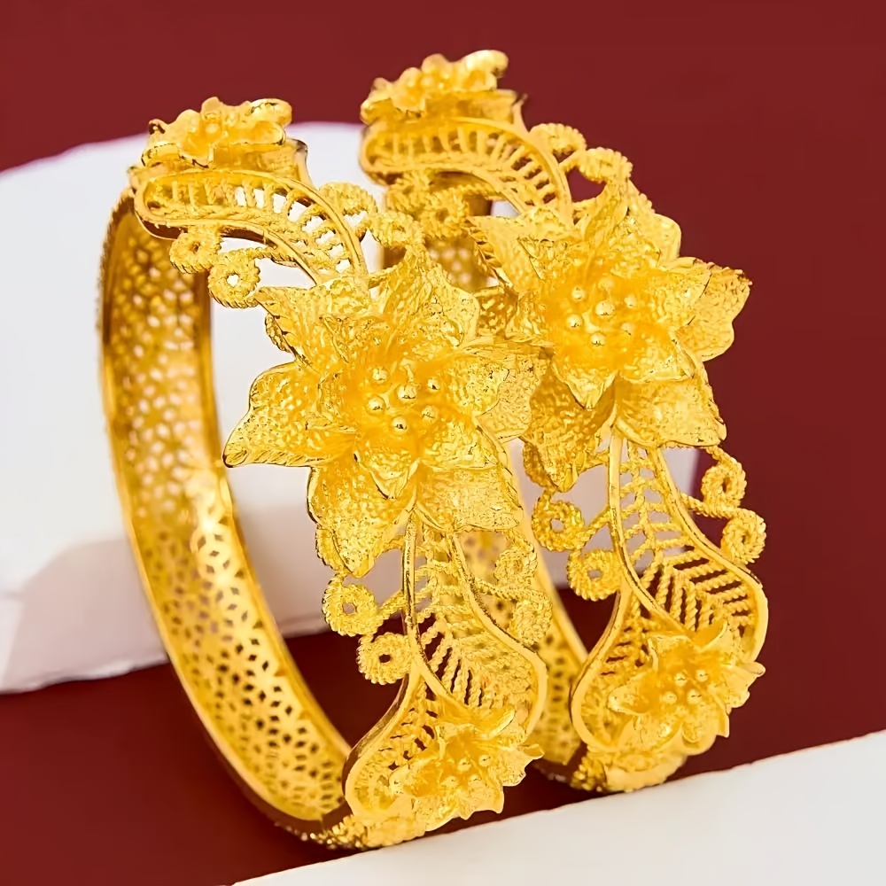 TEMU 2pcs Set Middle Eastern Dubai Open Golden Bangle, Classic Floral Bangle, Suitable For Daily Wear, Wedding, Travel, And Festive Occasions, Ideal