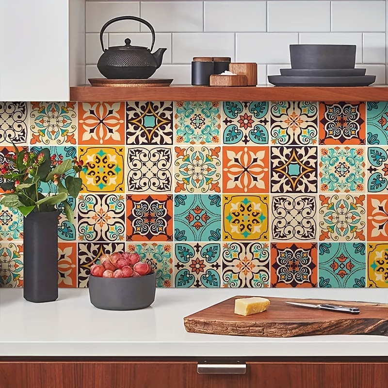 Image of 60pcs Bohemian Style Self-adhesive Wall Stickers, Peel And Stick, Waterproof Wall Stickers For Living Room, Kitchen And Bedroom, Vinyl Wall Stickers, Home Wall Decoration, 4in * 4in