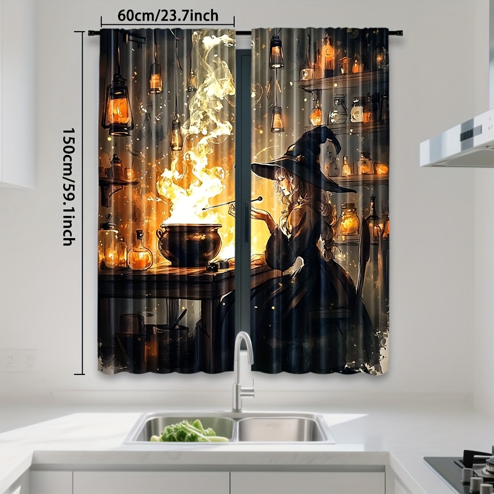 TEMU Set Of 2, Made From Polyester, Featuring A High-definition With A Witch Theme, Light-filtering Curtains Are Perfect For Decorating Bedrooms,