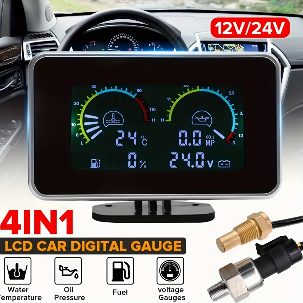 TEMU Car Lcd Meter Pressure Voltage Water Temperature Fuel Gauge Universal Instrument 9-36v For Car Truck Suv Rv