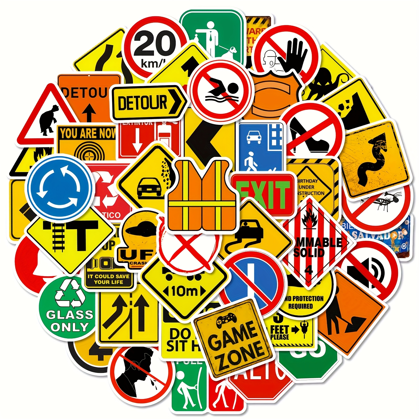 Image of 50pcs Safety Sign Stickers - Durable Pvc Traffic Control Decals With Road Signs For Motorcycle, Car, Skateboard - Weather-resistant, Easy To Apply & Remove, Helmet Stickers