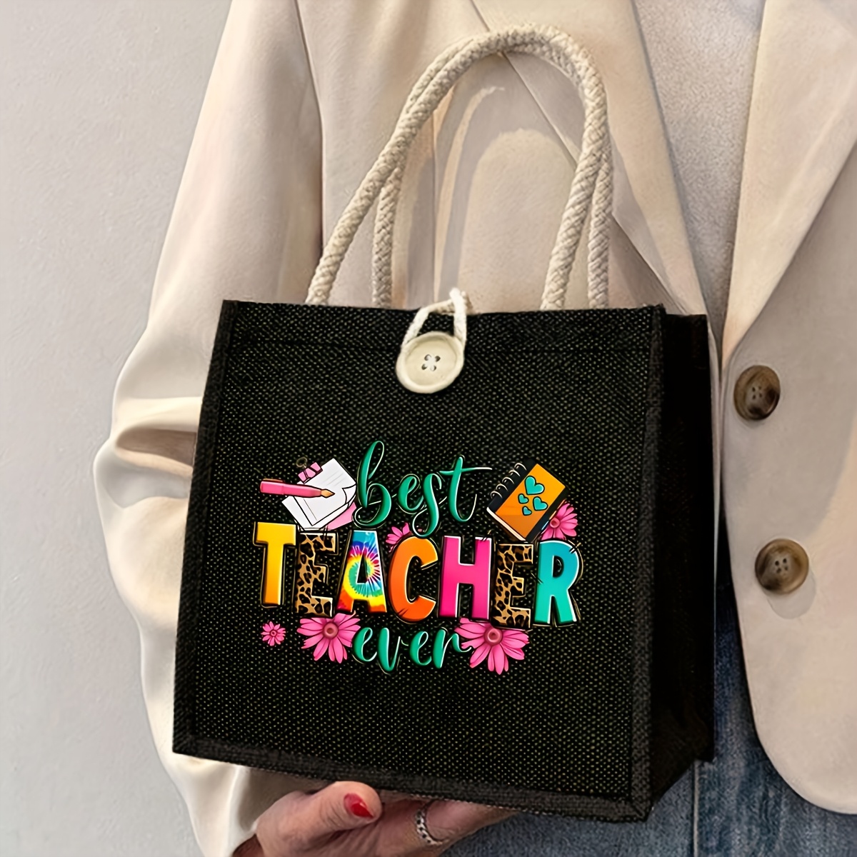 

Le Meilleur Professeur Floral Print Nylon Sac à Tout - Grande Réutilisable Sac à Épaule avec Fermeture à Bouton, Sac École , Idéal Cadeau pour les Professeurs, et les Meilleurs Amis