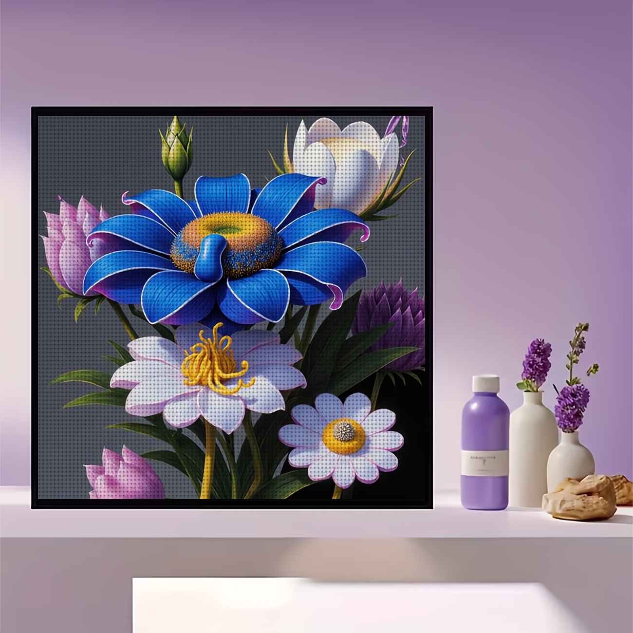 Cross Stitch Printed Kit, Frameless, "Colorful Floral Bouquet" Pattern