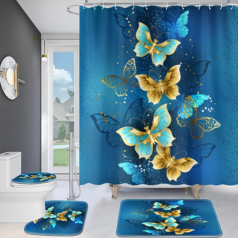 

4pcs Blue Golden Butterfly Shower Curtain Set, Water-resistant Bath Curtain With Hooks, U-shaped Mat, Toilet Cover Mat, L-shaped Mat, Bathroom Accessories, Aesthetic Bathroom Decorations