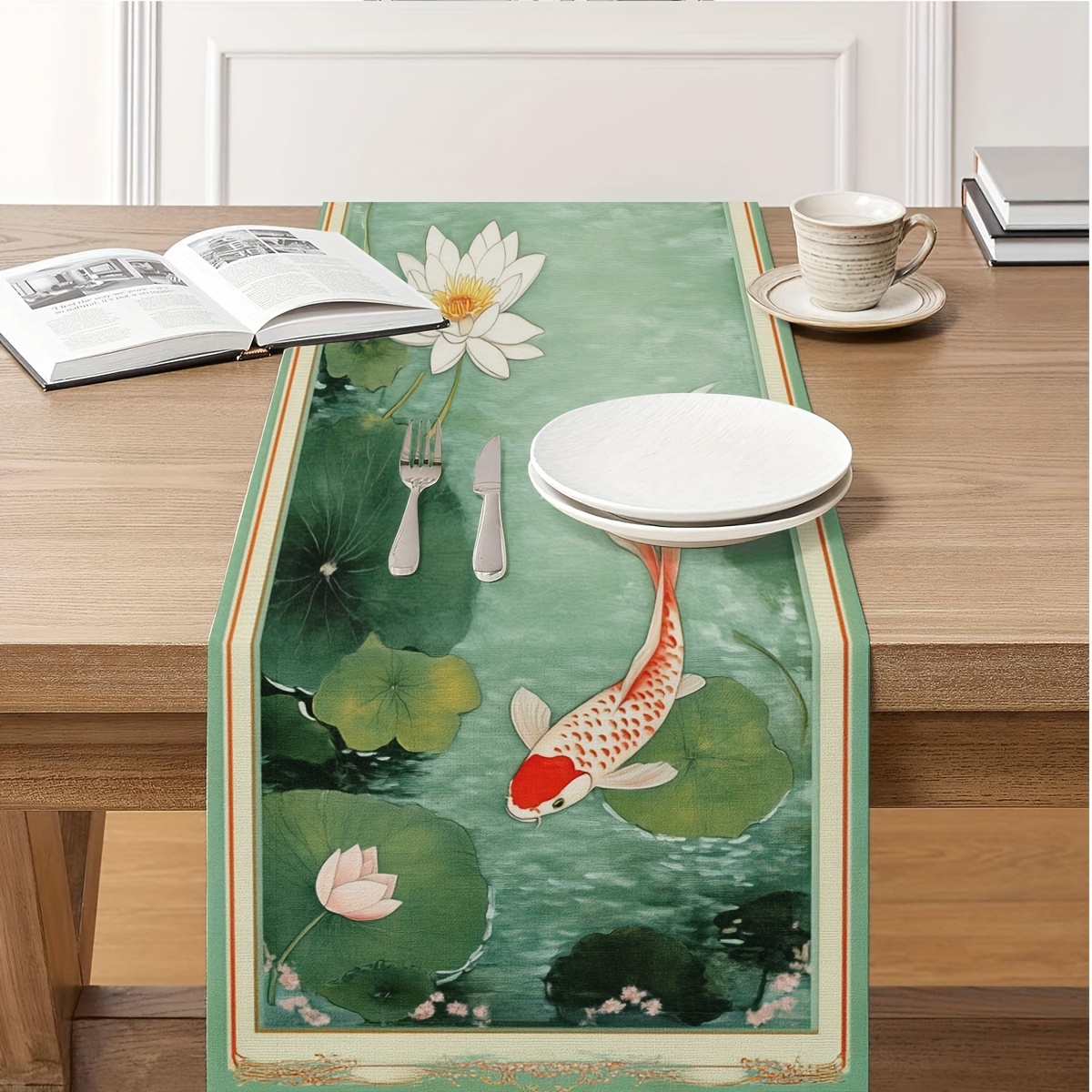 

1pc Chemin de Table Élégant pour Étang de Koi Chinois, Tissé en Polyester Rectangulaire avec Design Floral pour la Décoration de Salle à Manger & Salon