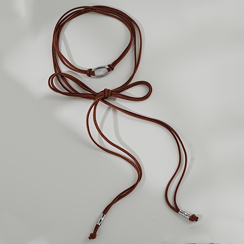 TEMU 1pc Western Retro Long Brown Rope Necklace, Silvery Oval Ring Adjustable Knot Y-necklace, Suitable For Women's Casual, Daily, Date Jewelry,