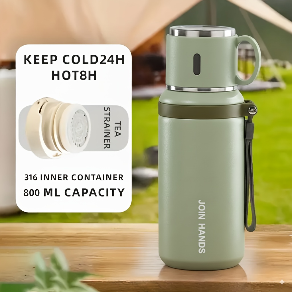 TEMU 800ml Large Capacity Portable Outdoor Camping Hiking Double-layer Steel Insulated Bottle, Water Hot For And Cold For 24 Hours, Used As A Coffee