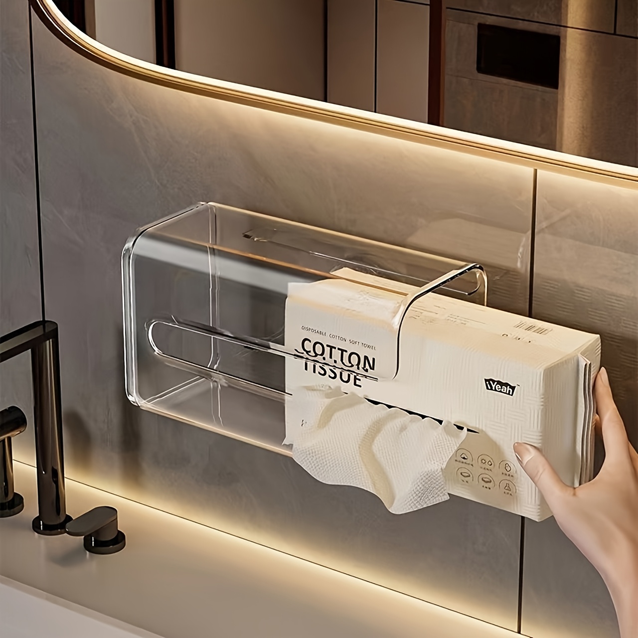 TEMU Upgraded Thickened Versio Modern No-drill Wall-mounted Tissue Box With Adhesive Strips, Made Of Acrylic. For Tissue Storage In Kitchen, Bathroom
