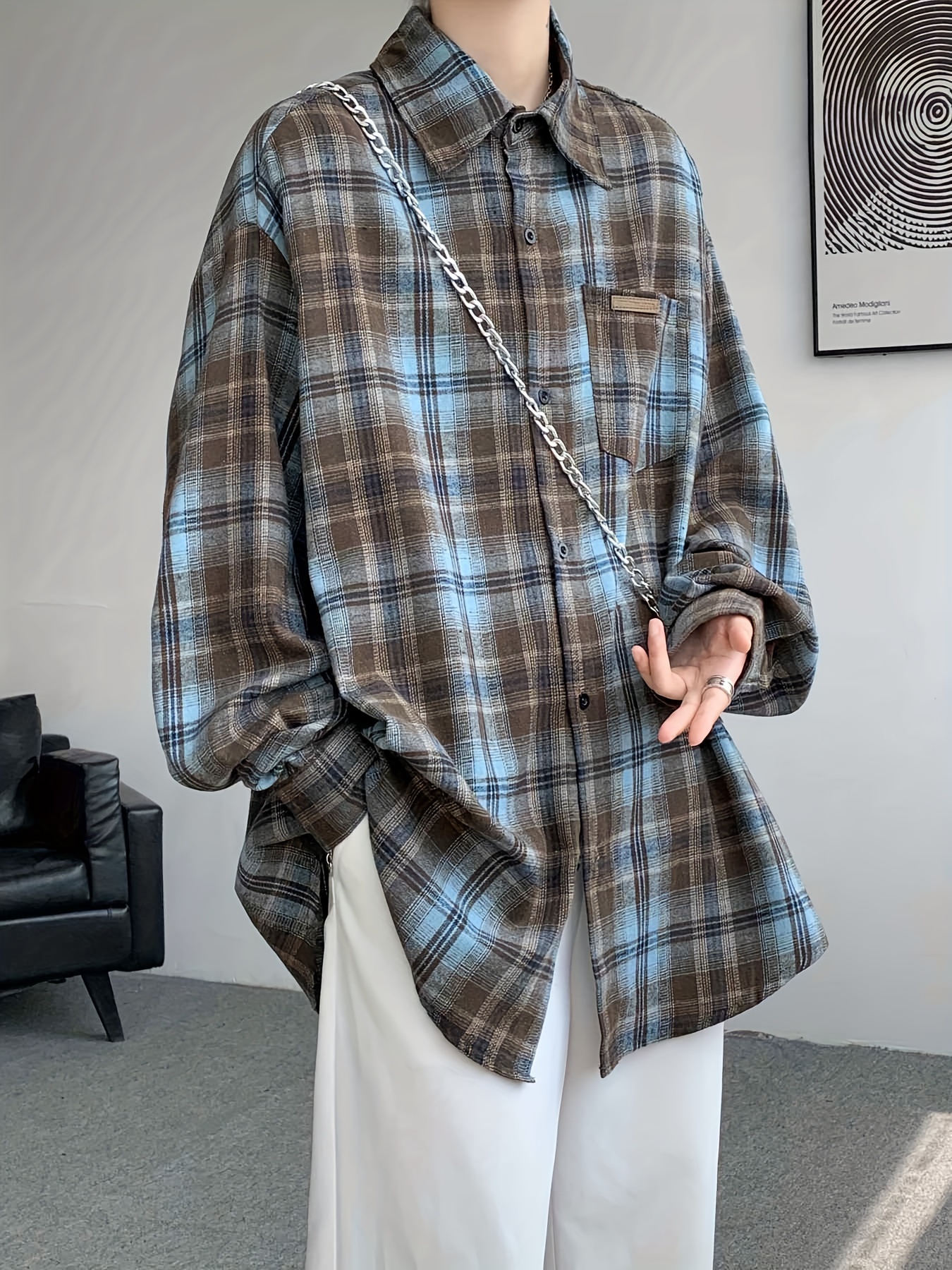 BGSM Men's Oversized Long Sleeve Plaid Shirt - Soft Cotton Melange, Warm Casual Button Down