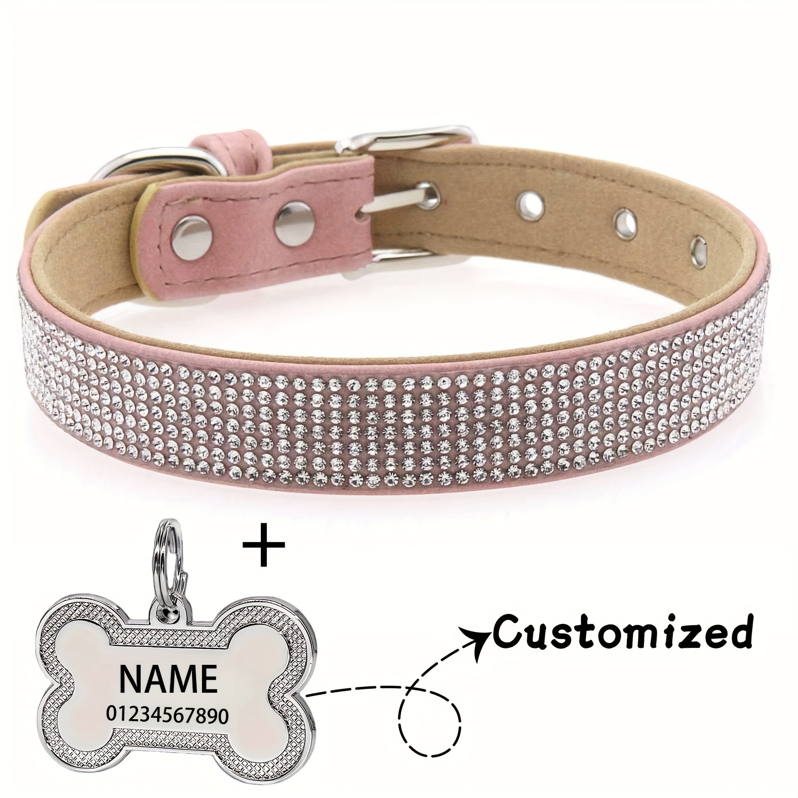 TEMU 1pc Vintage Frosted Rhinestone Customized Tag Pet Collar - Personalized Pu Leather Pet Collar With Custom Nameplate And Pendant - Adjustable Cat