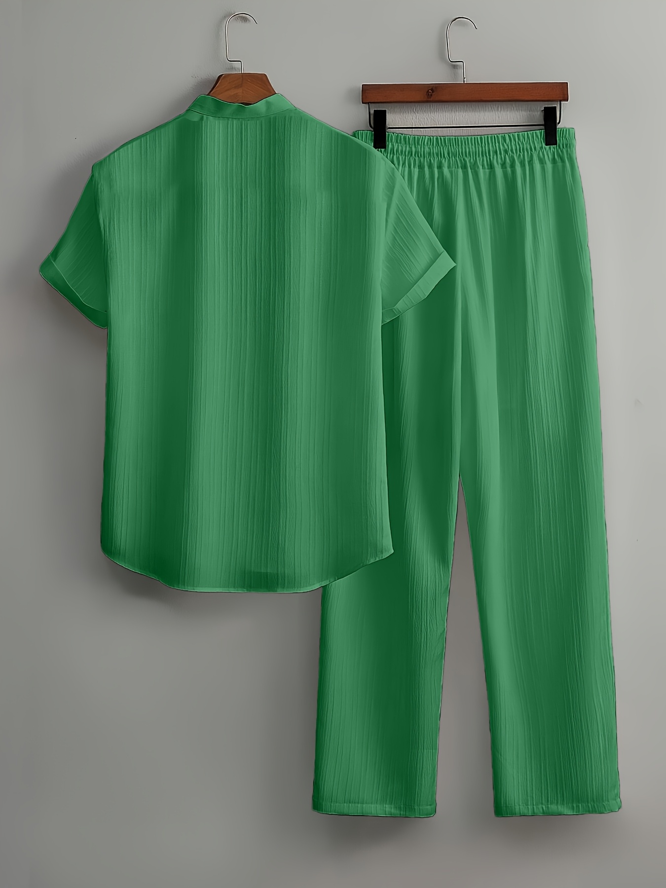 Men's Summer, Fashionable Wave Pattern Simple Casual Short Sleeve Shirt and Plain Trousers Set