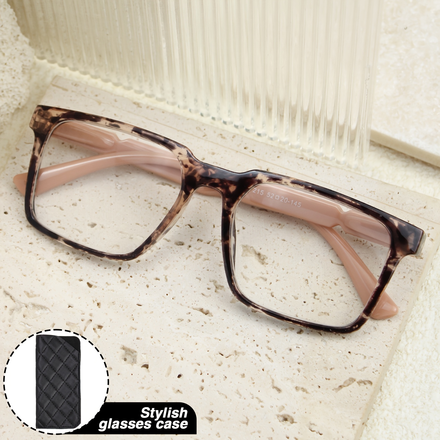 Pink Tortoiseshell Square Reading Glasses with Black Diamond Pattern Case