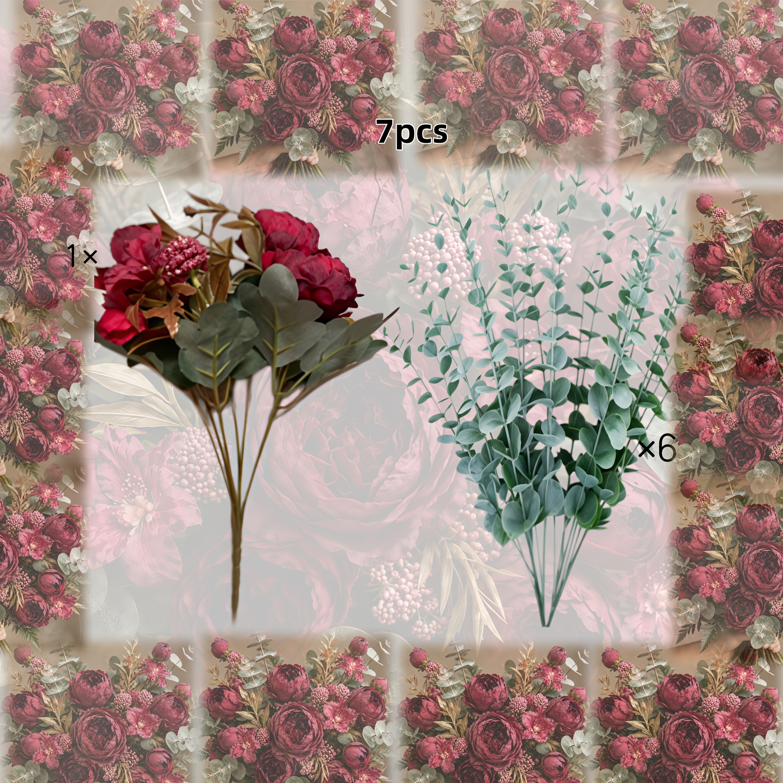 TEMU Set da 7 pezzi Bouquet di peonie artificiali rosse + Composizione con foglie di eucalipto qualit�, Bouquet da sposa autunnale/invernale per il