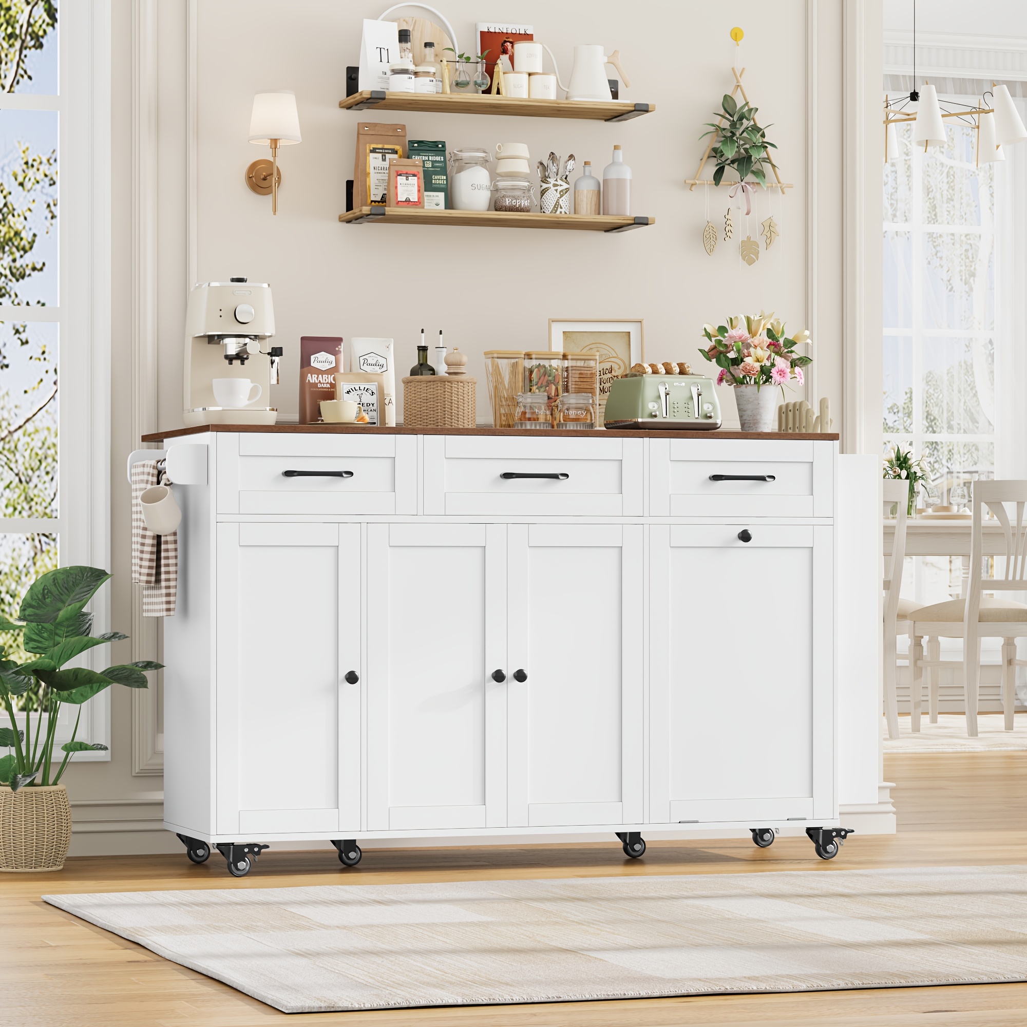 Image of Kealive Central Trolley With Wheels And Folding Worktops, Sideboard, Kitchen Storage Cabinet With 3 Drawers And 2 Doors, Buffet Cabinet With Worktops For Kitchen, Dining Room, Living Room, Black