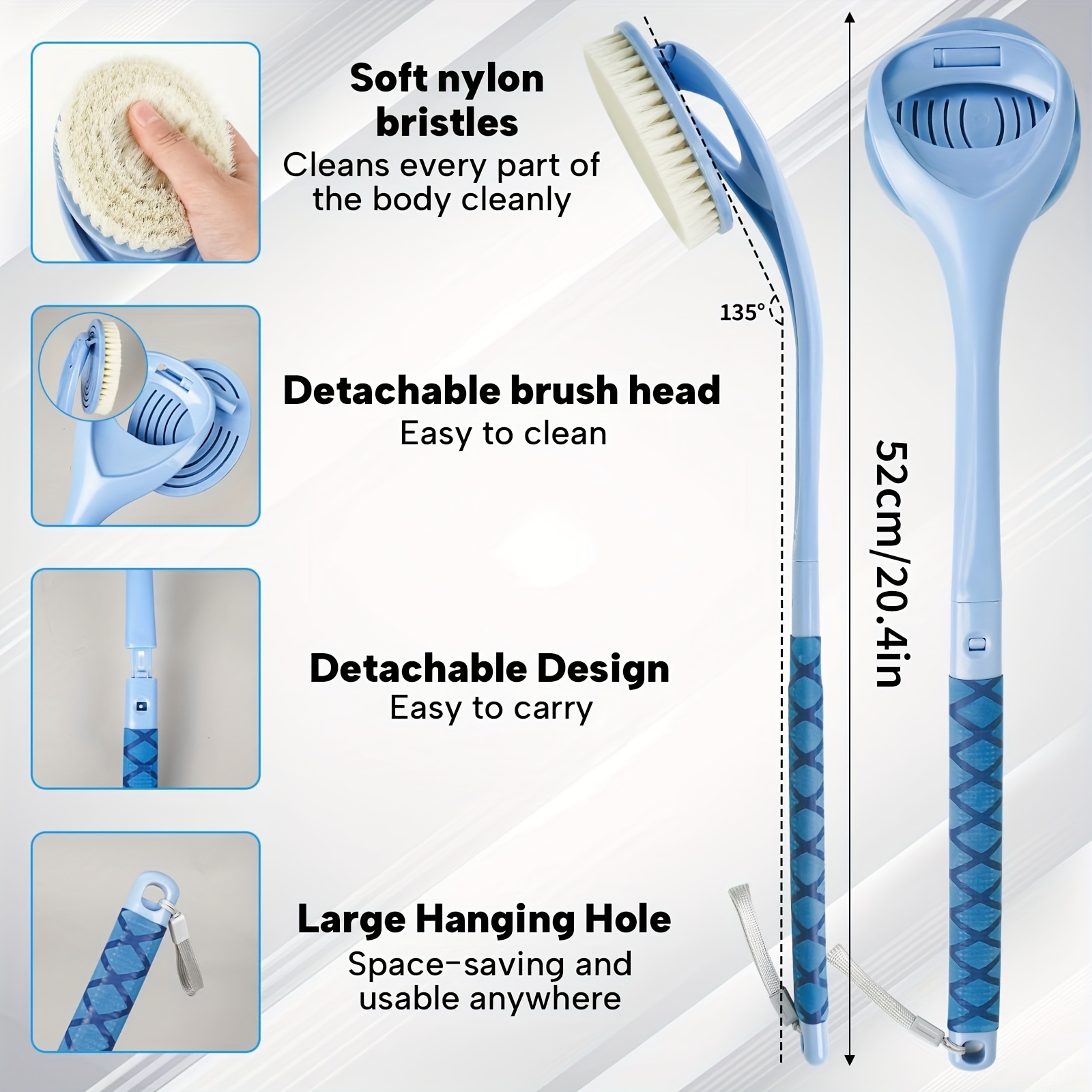 20 4 detachable long handle bath brush with ergonomic handle no electricity needed dual head back scrubber for men women elderly   exfoliation shower cleaning durable high quality fabric no battery required shower cleaning tool   noelectricity needed Product details 5