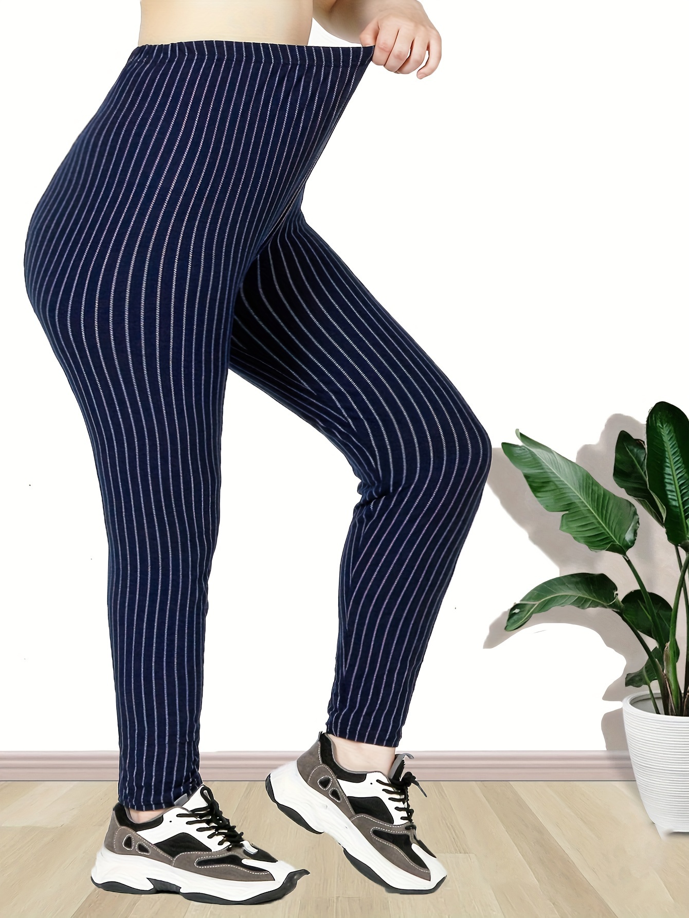 Women'S High Waist Striped Polyester Spandex Leggings, Casual Stretchy Cropped Skinny Pants, Knit Fabric, for All-Season Comfort, Weekend Casual Wear