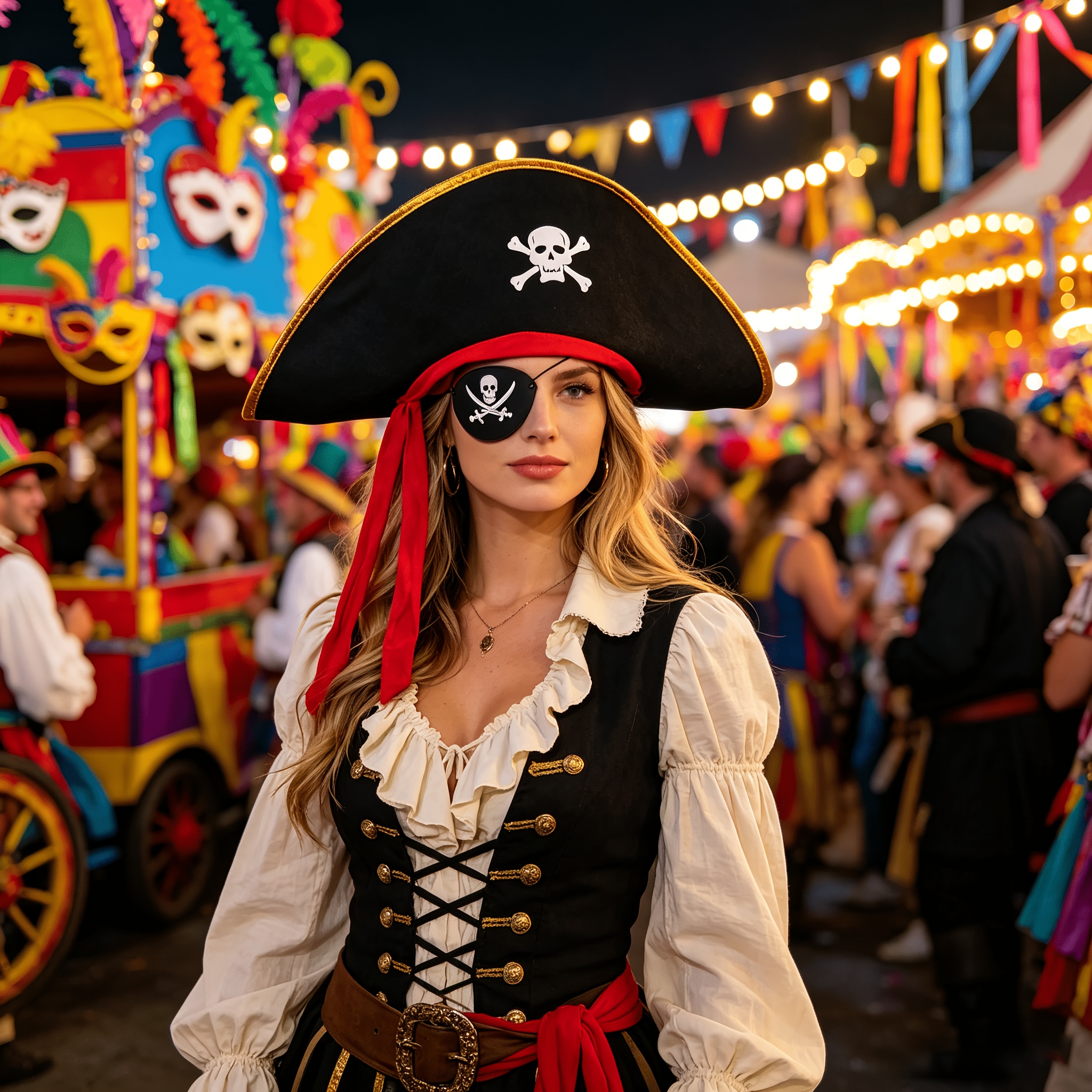 Pirate Tricorne Hat and Eye Patch Set, Gold-Trimmed Captain Hat