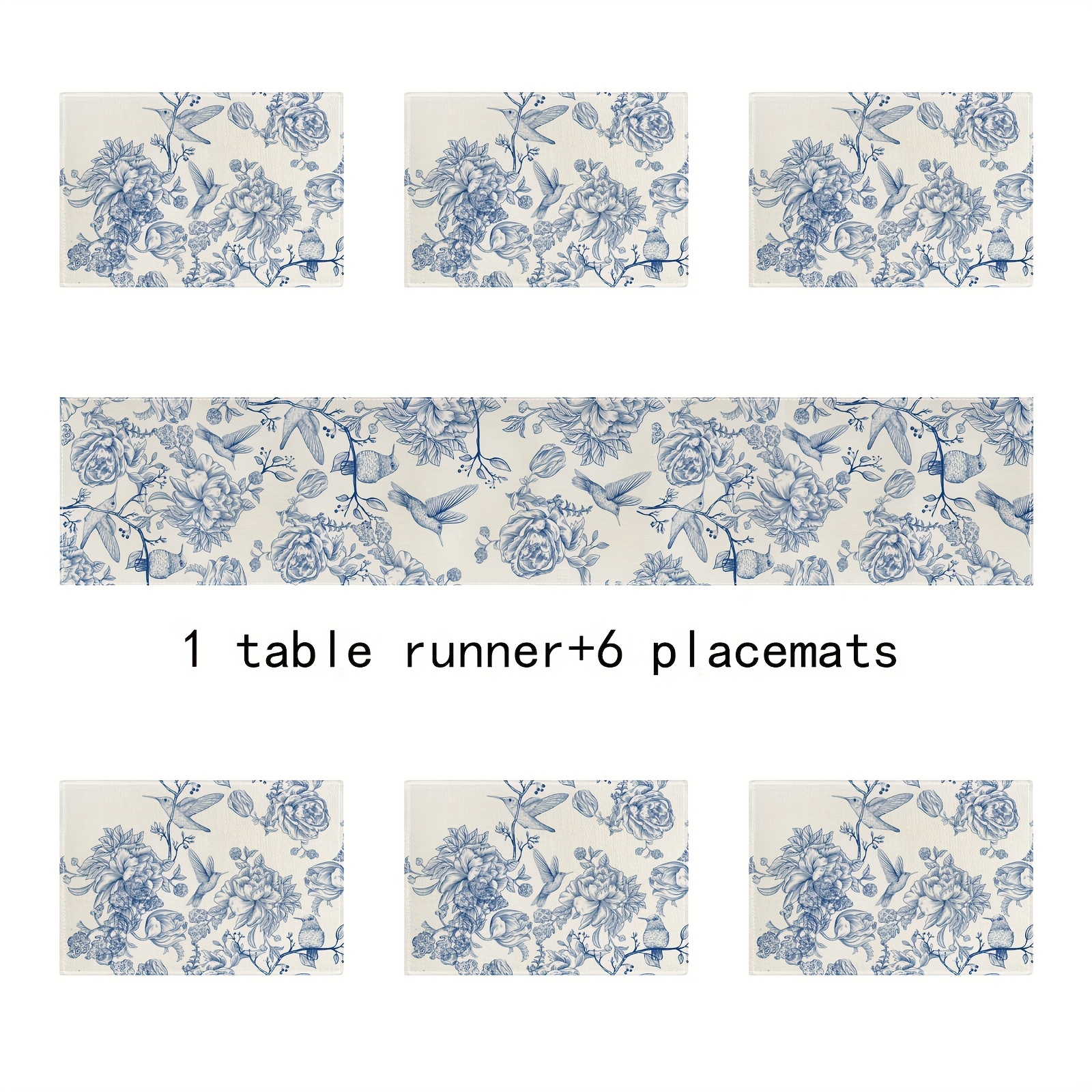 TEMU 5pcs Set/7pcs Set Table Runner Placemats Floral Tablecloth, Blue And White Vintage Monochrome Sketch Floral Tablecloth, Suitable For Kitchen And