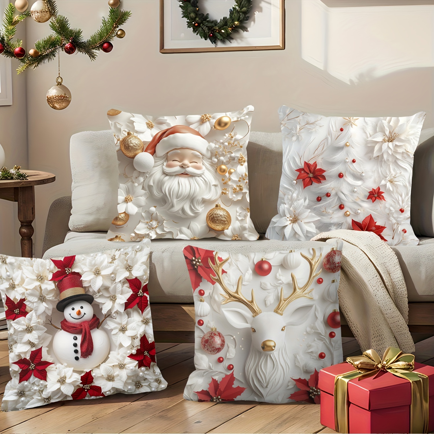 

Christmas Set Of 4 - , Snowman, & , 3d Red & For Decor, Zippered, Polyester