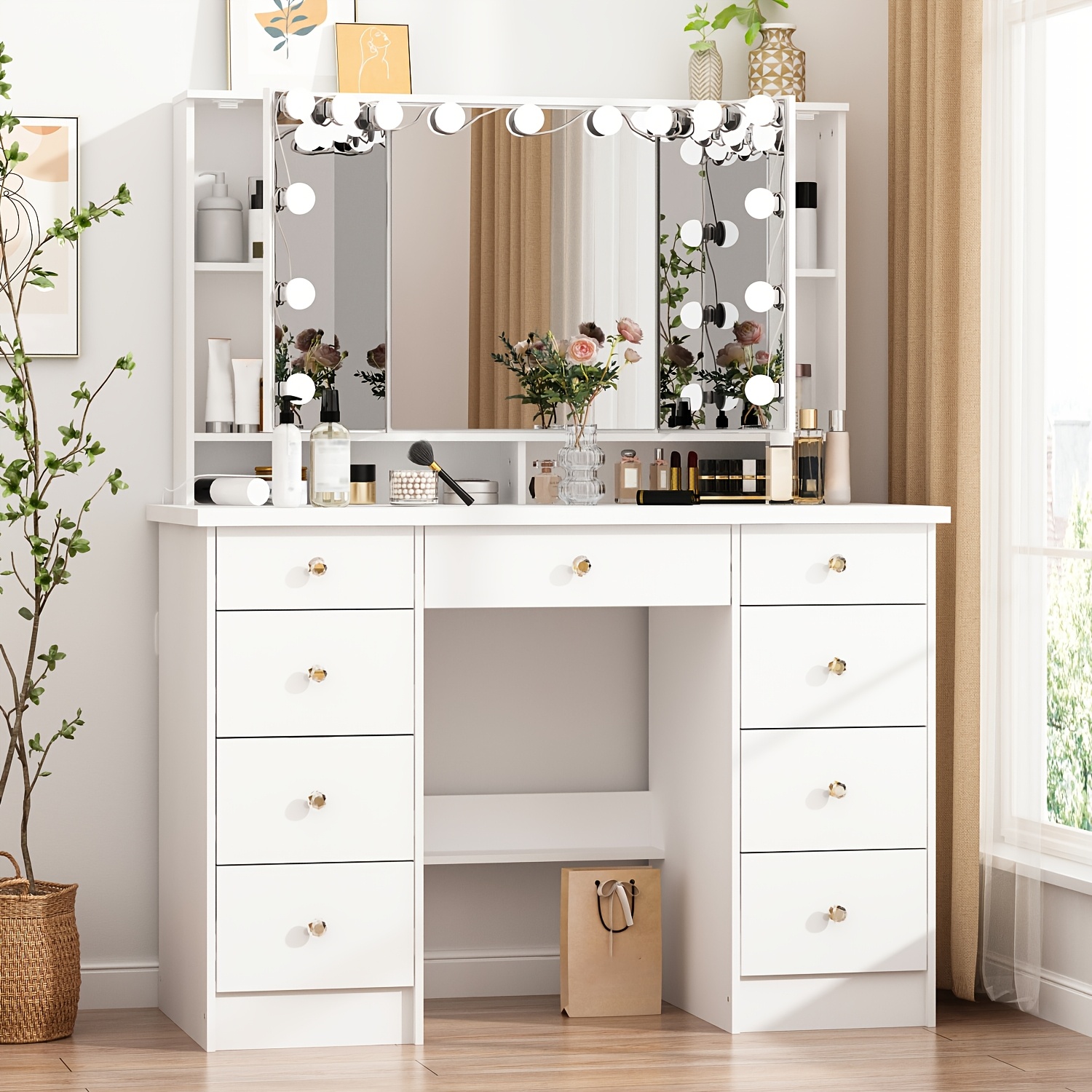 

Set Of Vanity Desk With 9 Drawers, 3-color Led Lighting, And An Elegant Makeup Dressing Station, Featuring A And Crystal Handles