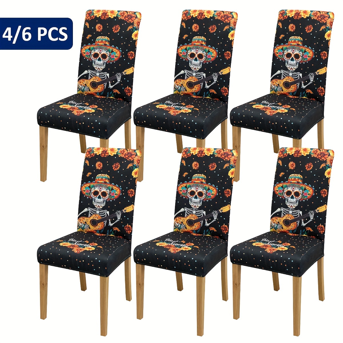 

Spooky Chic 4/6pcs Dining Chair Covers - & Guitar Print, Stretchable Spandex Blend, Machine Washable - Perfect For Living Room & Dining Decor