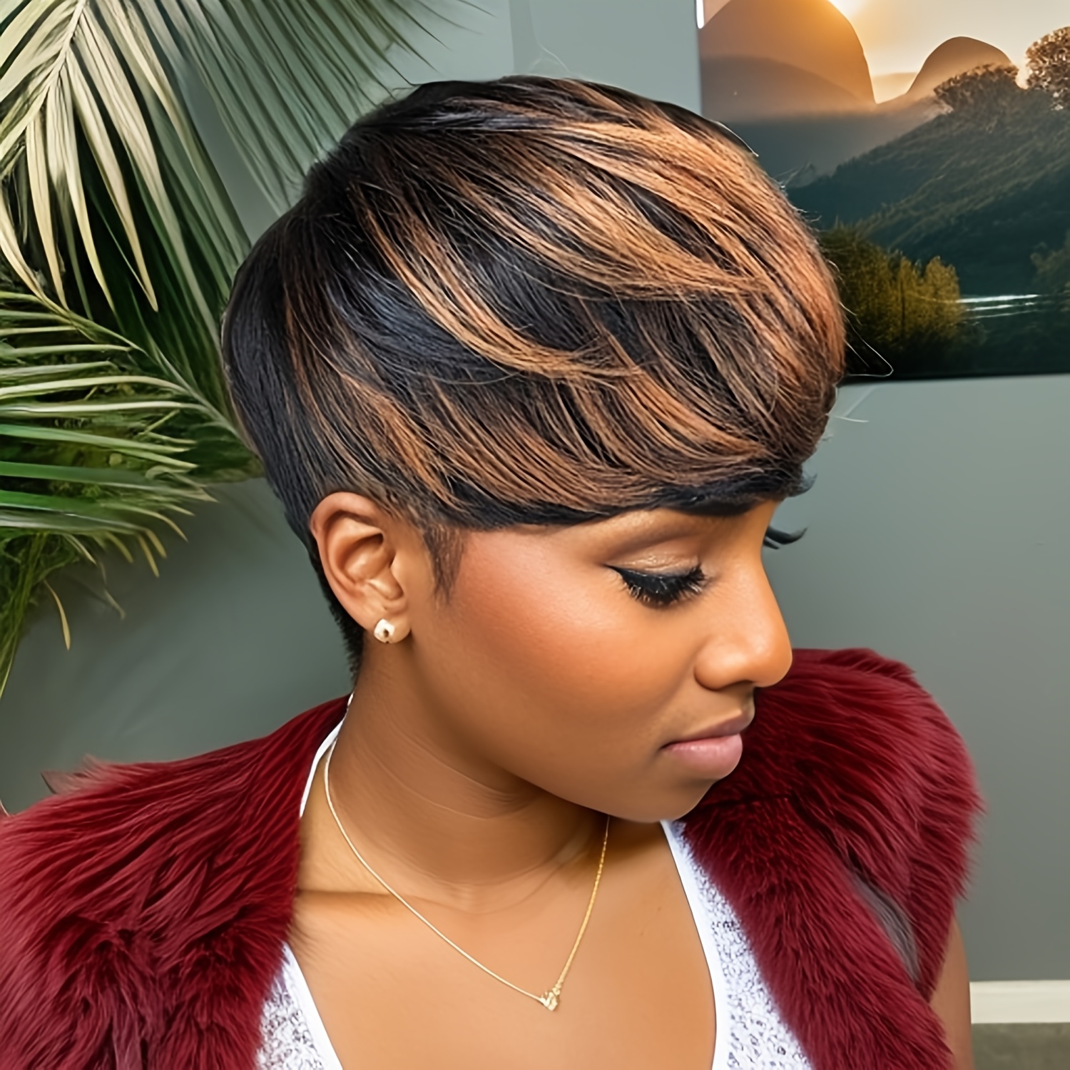 TEMU 150% Density Short Cut Human Hair Wig - Black With Brown Layered Straight Style For Women, , Natural Look For , Fashion Accessory | | Realistic Hair Texture, Short Hair Wig
