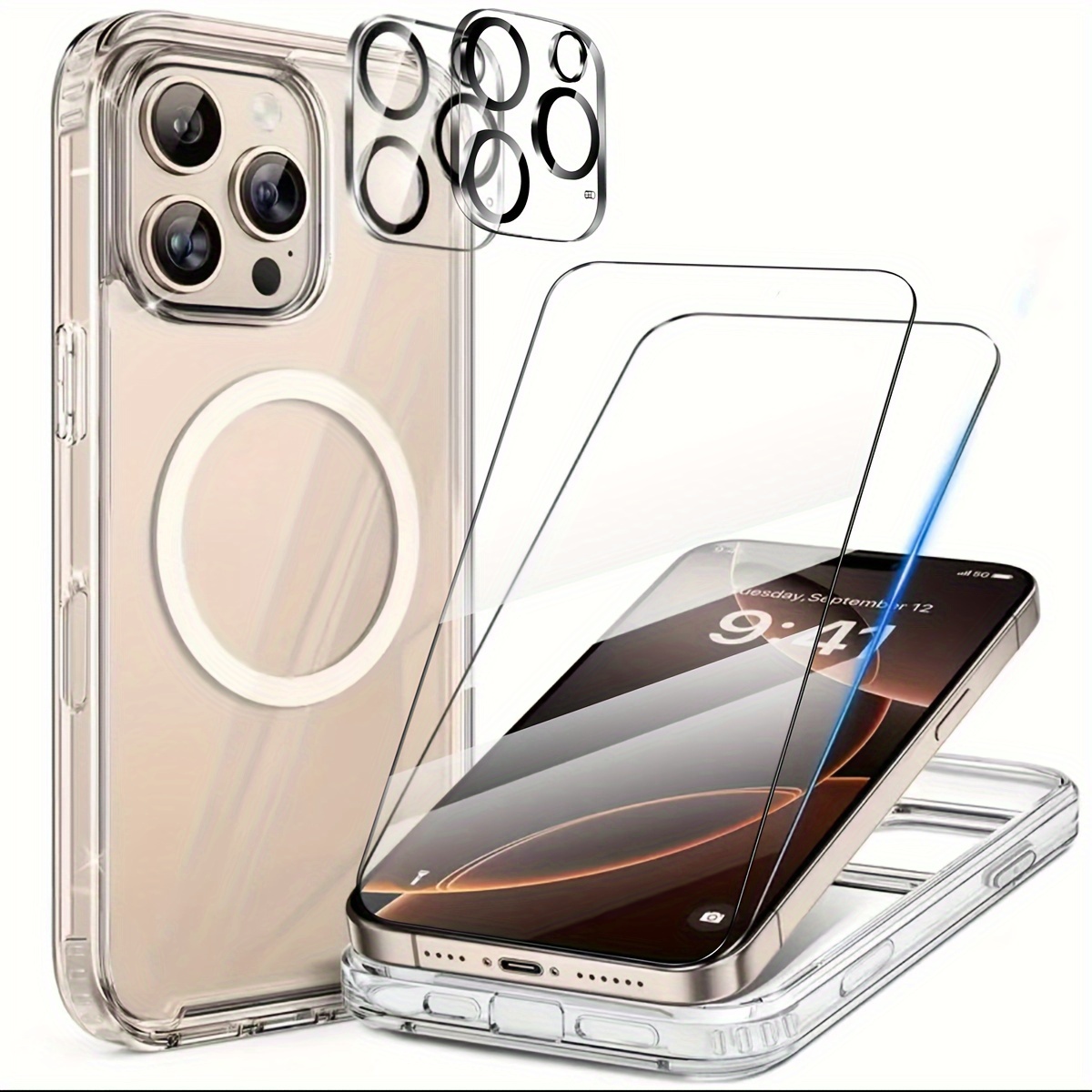 

Transparent Magnetic Mobile Phone Case For Pro Max, With 2 Transparent Tempered Films And 2 Lens Films Protective Case