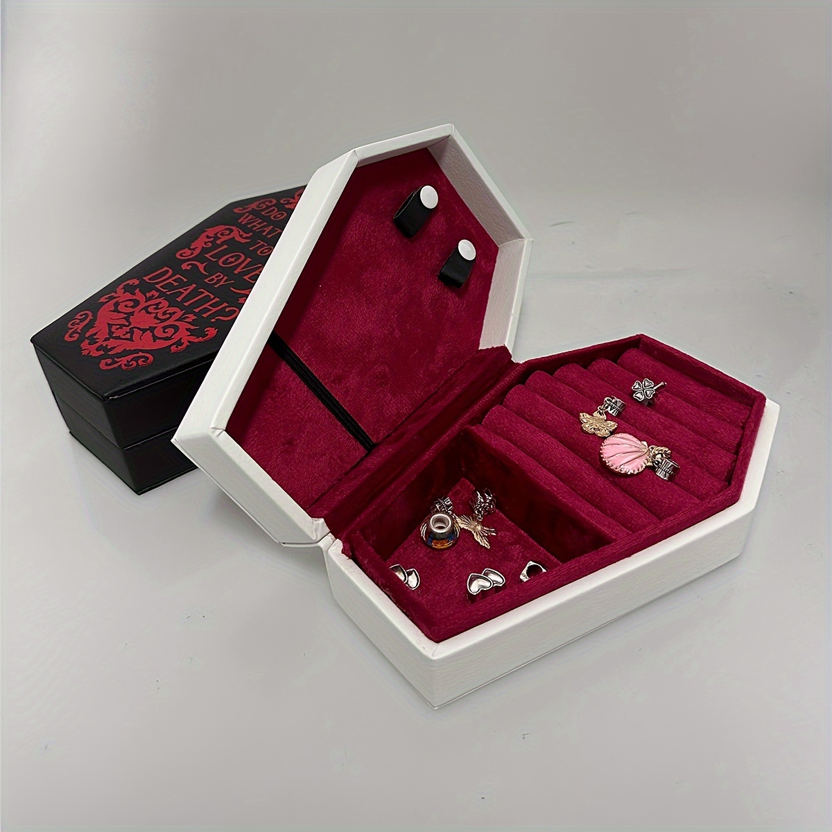 复古哥特风心形首饰盒 - 黑色pu合成皮革棺材式内衬丝绒收纳盒，多格戒指项链耳环整理器，优雅万圣节女士礼物，奢华主题设计，时尚外观 商品详情 5