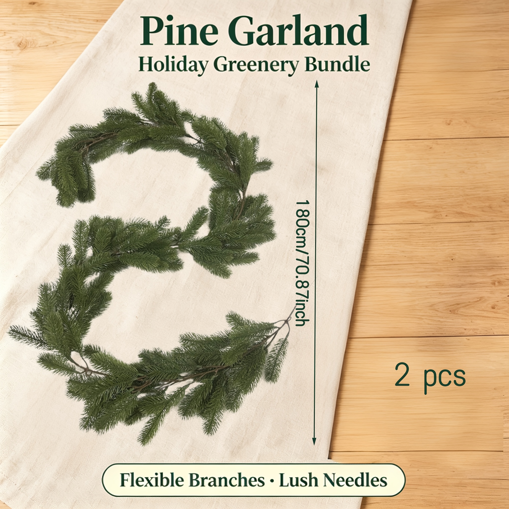 TEMU 2pcs 6-foot Artificial Pine Christmas Garland, Faux Pine Needle Greenery Wreath, Realistic Dense Holiday Decorative Vine, Suitable For Mantels,