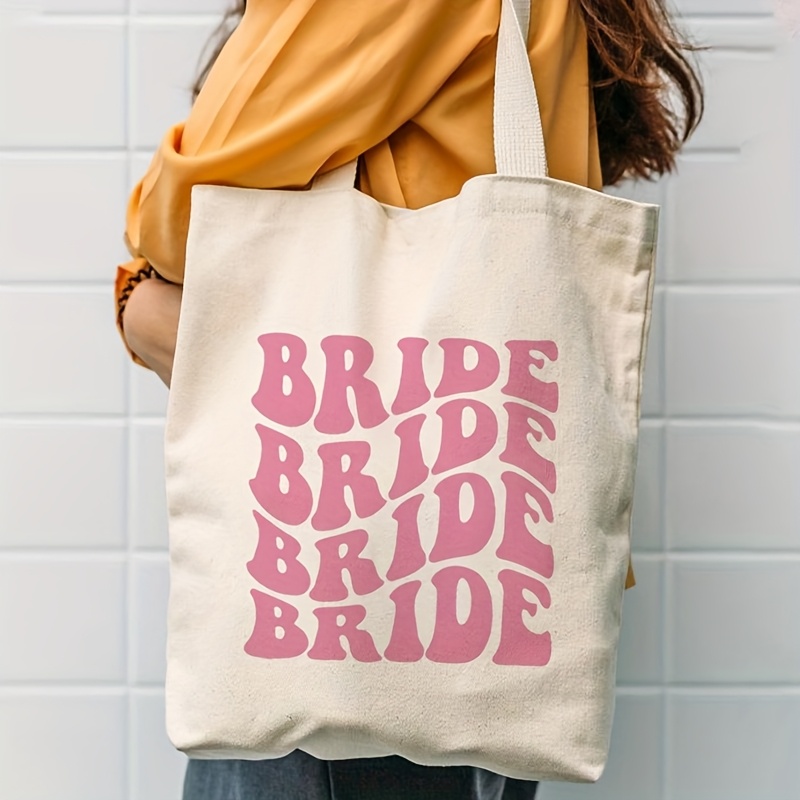 Image of 1pc Bride & Bridesmaid Canvas Tote Bag - Reusable Double-sided Printed Shopping/grocery Handbag With "bride Bride Bride" Design, Beige, Bridal Party Gifts, Birthday, Or , Bridesmaid Gifts