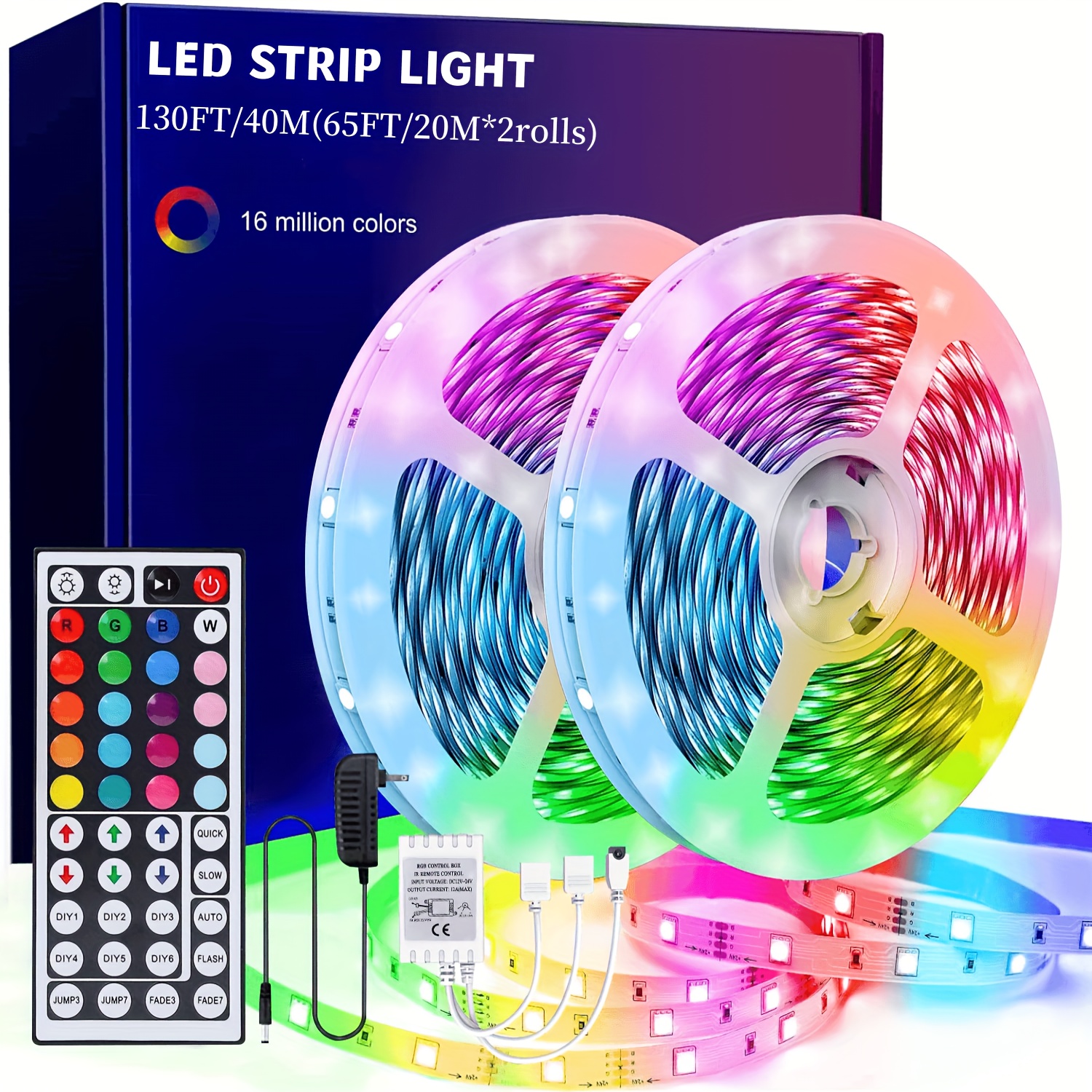 130 英尺（20 米×2）led 灯条，带 44 键遥控器、多色 rgb led 灯、卧室、房间、电视、diy 装饰的变色 led 灯条（44 键遥控器 +65ft x2） 详情 0
