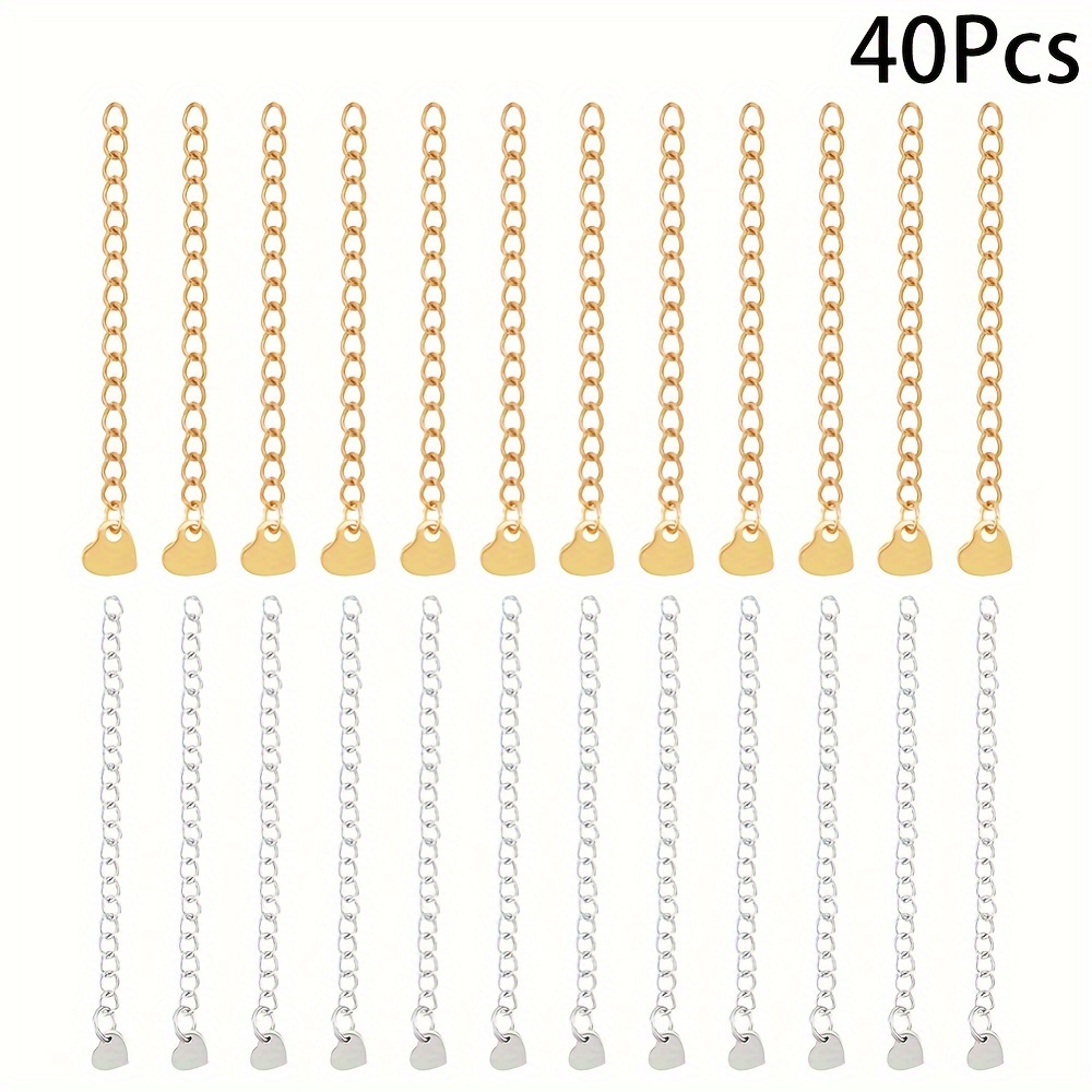 

1box 40pcs 2 Styles 304 Stainless Steel Curb Chain Extender End Chains With Heart Chain Tab, Golden & Stainless , 60mm 20pcs/style