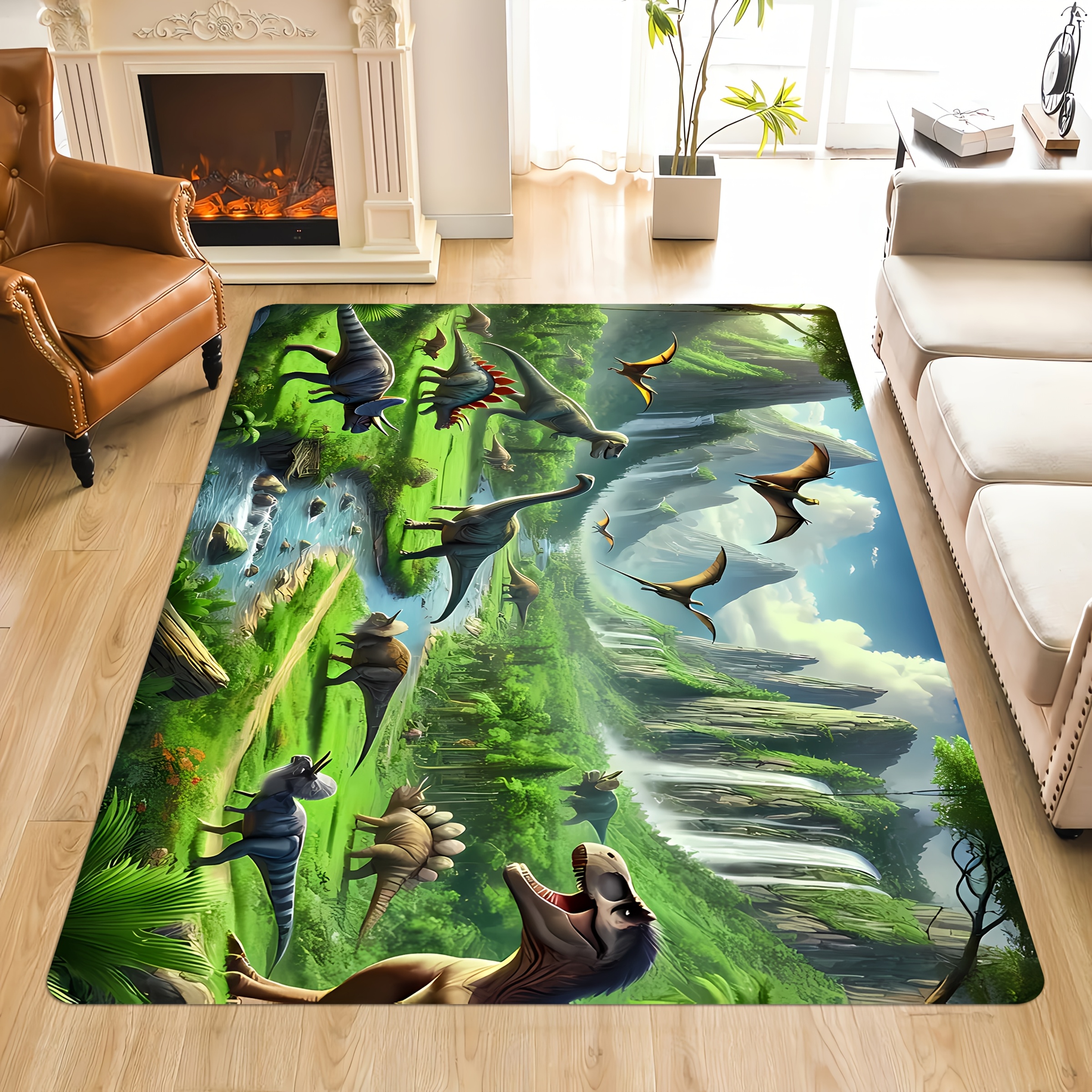 TEMU [Produit] 1 pièce, Tapis de Salon à Imprimé Dinosaure Vintage, Épais - Décoration Cadeau Printemps/Été, Tapis Lavable en Machine. Convient pour