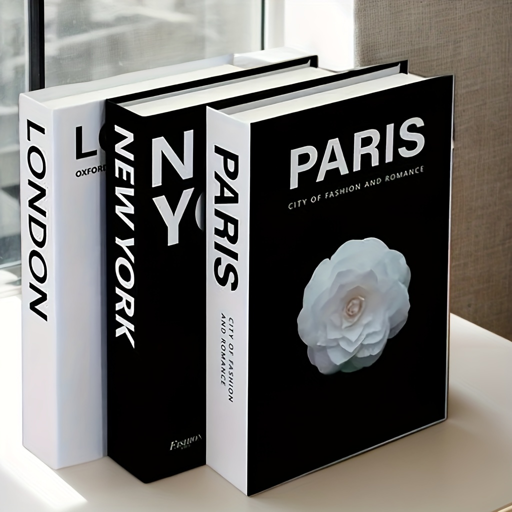 TEMU 3pcs Set Modern Books - Elegant Minimalist Fake Books With Parisian & City Themes, & , Paper Material Decorative Bookends For Living Room,